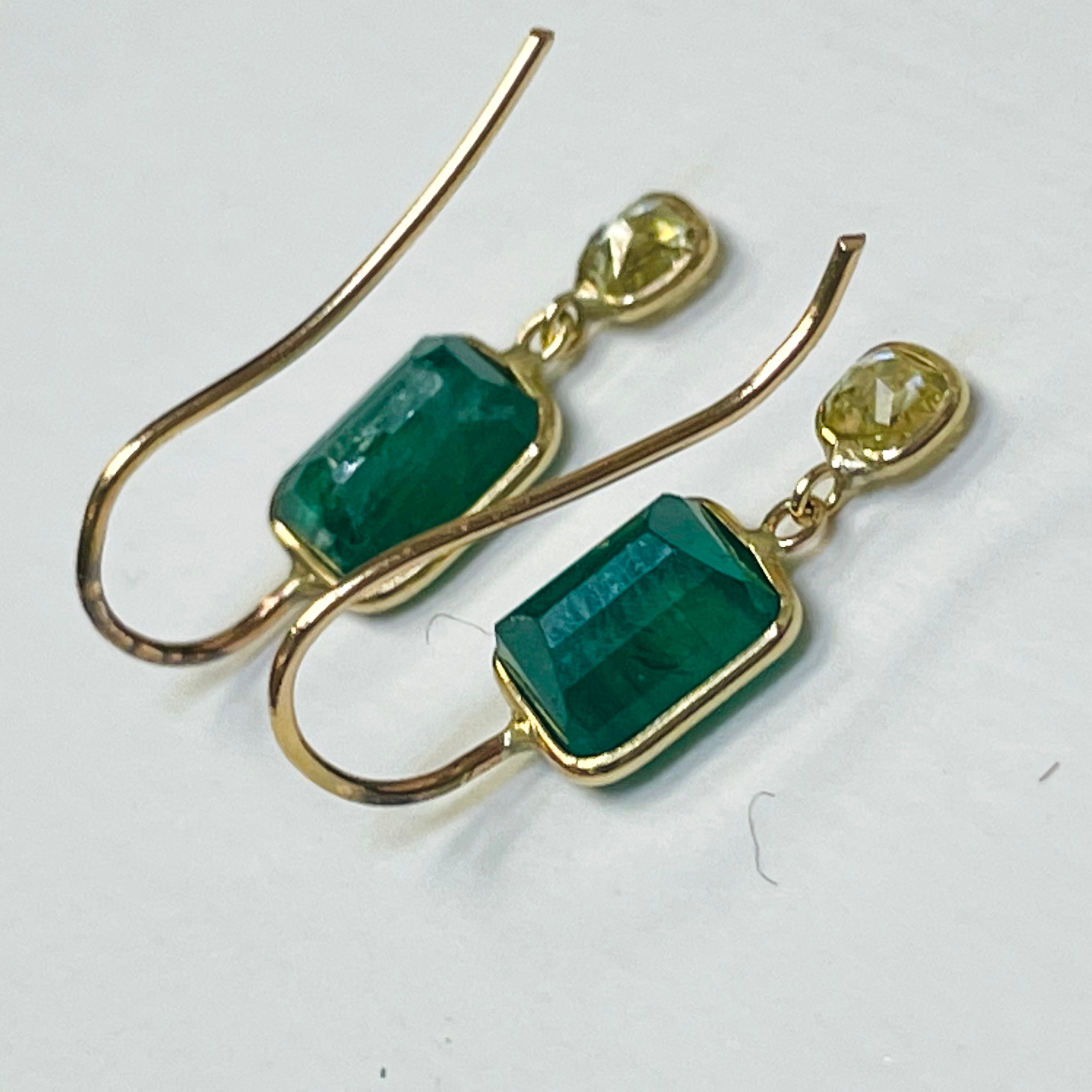 2.7CT Emerald and .30CT Yellow Diamond 14K Yellow Gold Drop Down Earrings