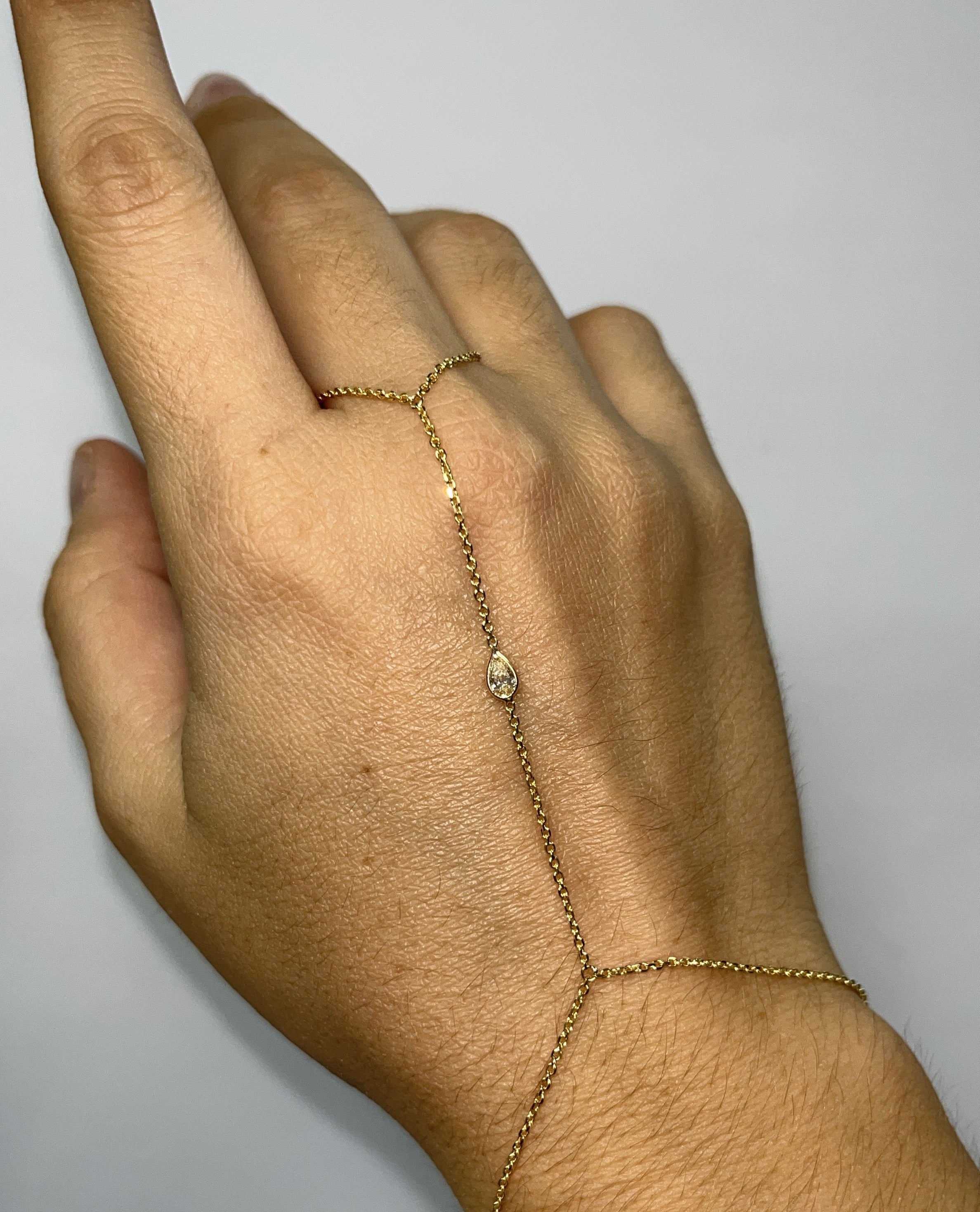 Yellow Pear Diamond Hand Chain in Solid 14K Yellow Gold