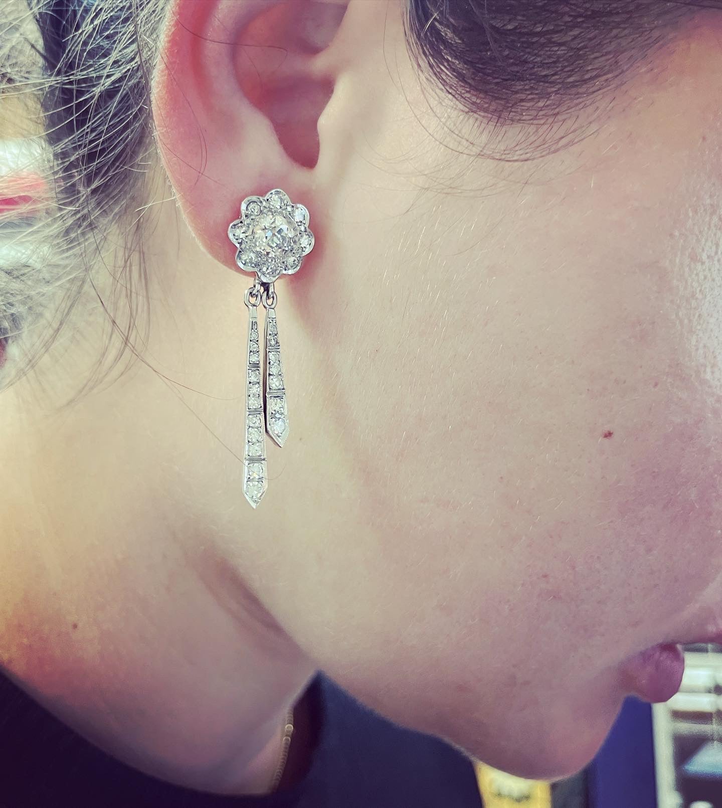 Art Deco 3.37CT Old Mine Cut Diamond Platinum Drop Earrings