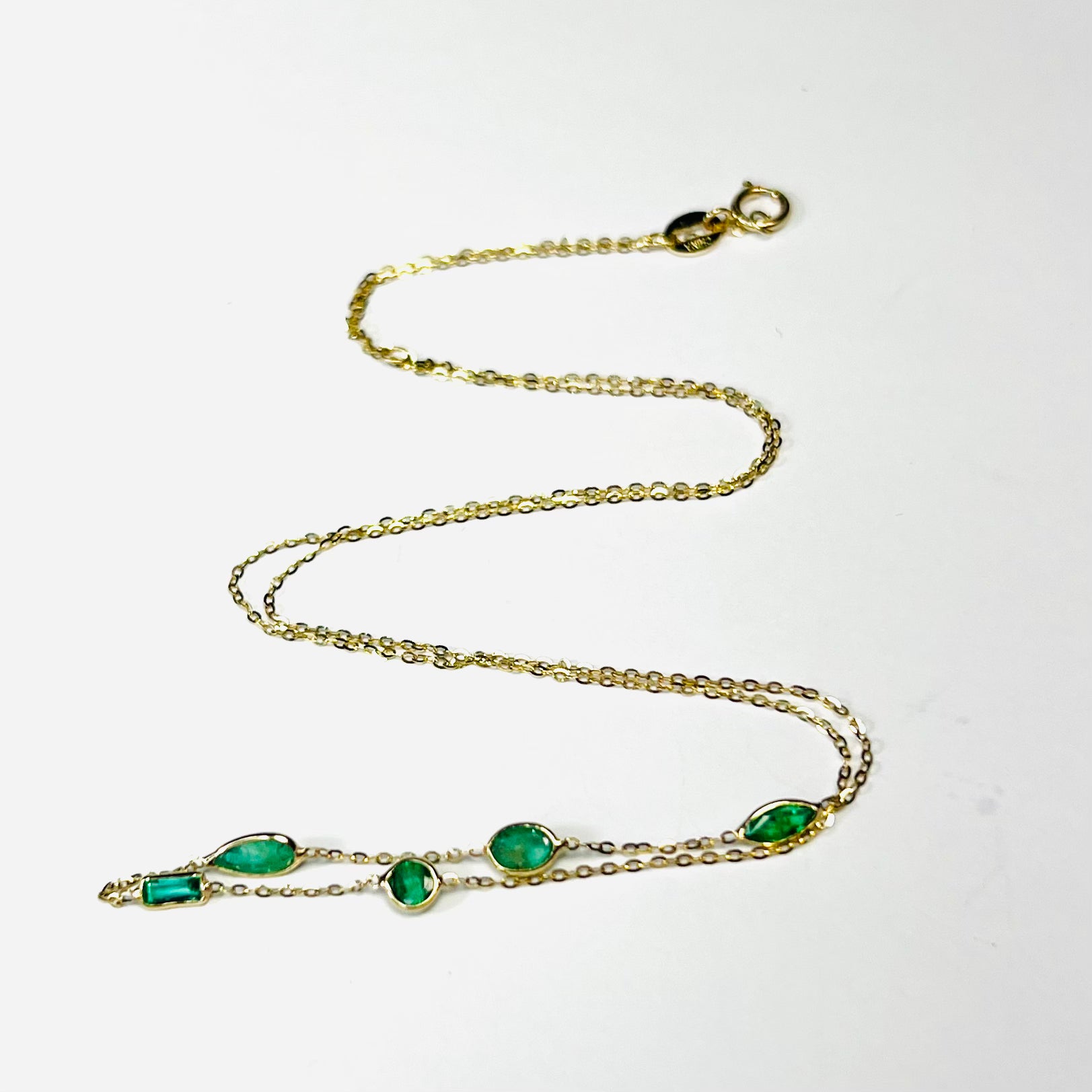 Stationed Emerald  19" 14K Yellow Gold Flat Cable Chain Necklace