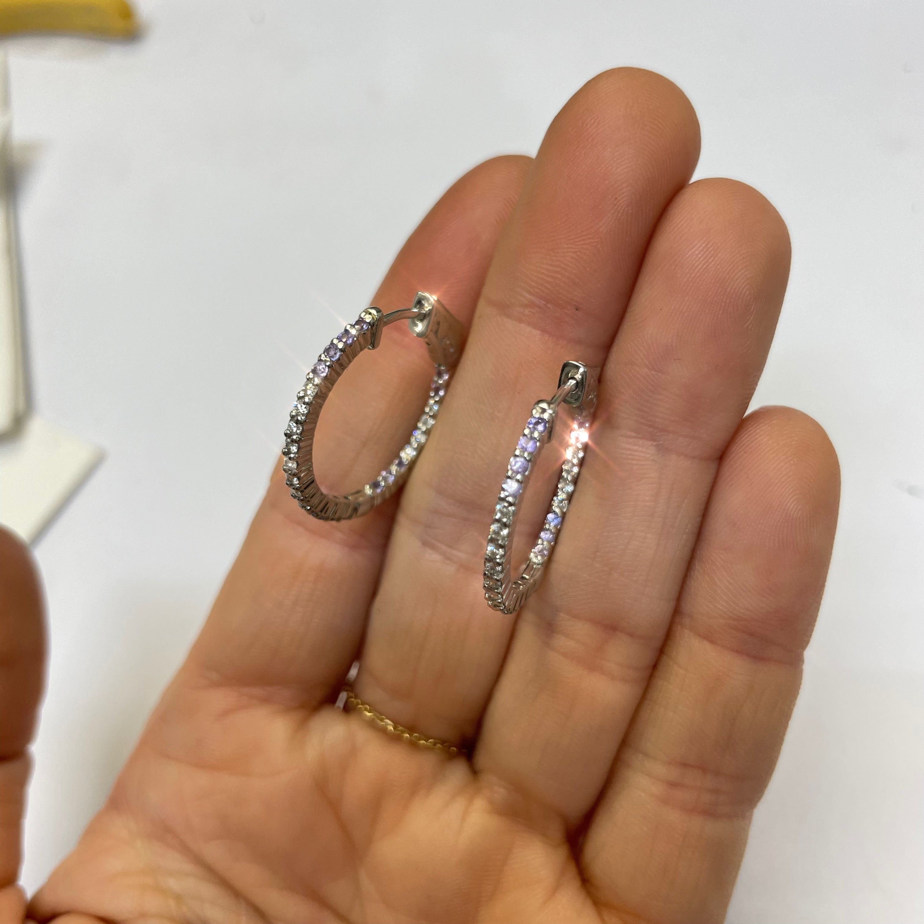 .90” Diamond and Purple Ombre Sapphire 14K White Gold Inside Outside Hoop Earrin