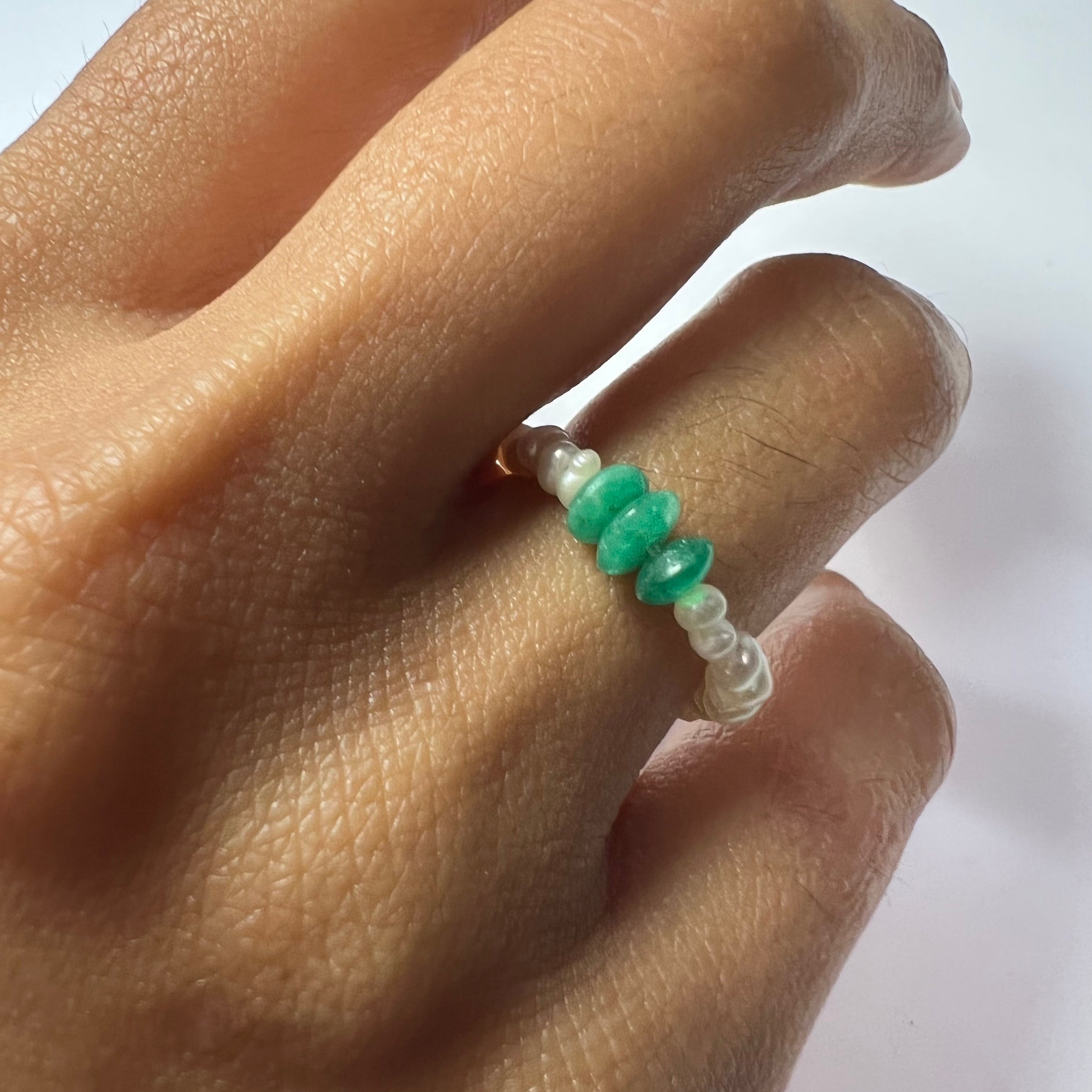 Natural Seed Pearl Eternity Natural Emerald Ring Size 4.5