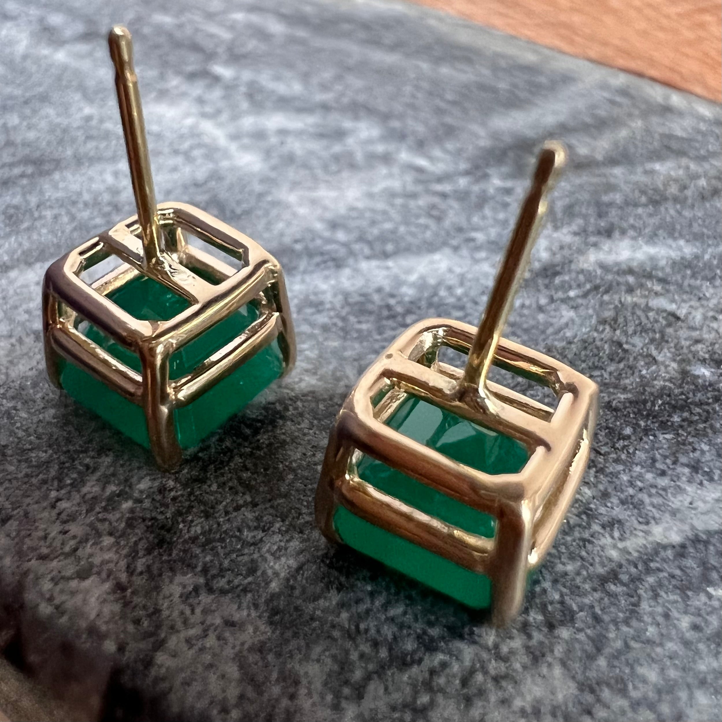 4CT Colombian Emerald 14K Yellow Gold Stud Earrings