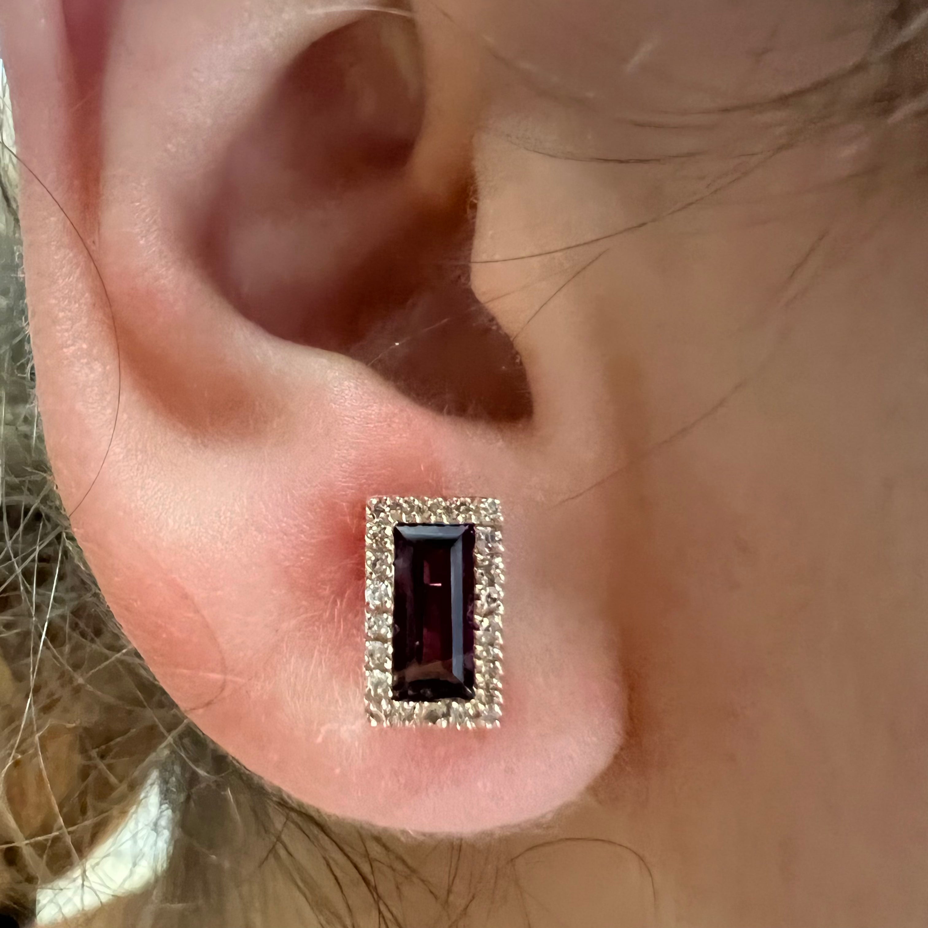14K Rose Gold Diamond & Garnet Baguette Earring Studs 9x5mm