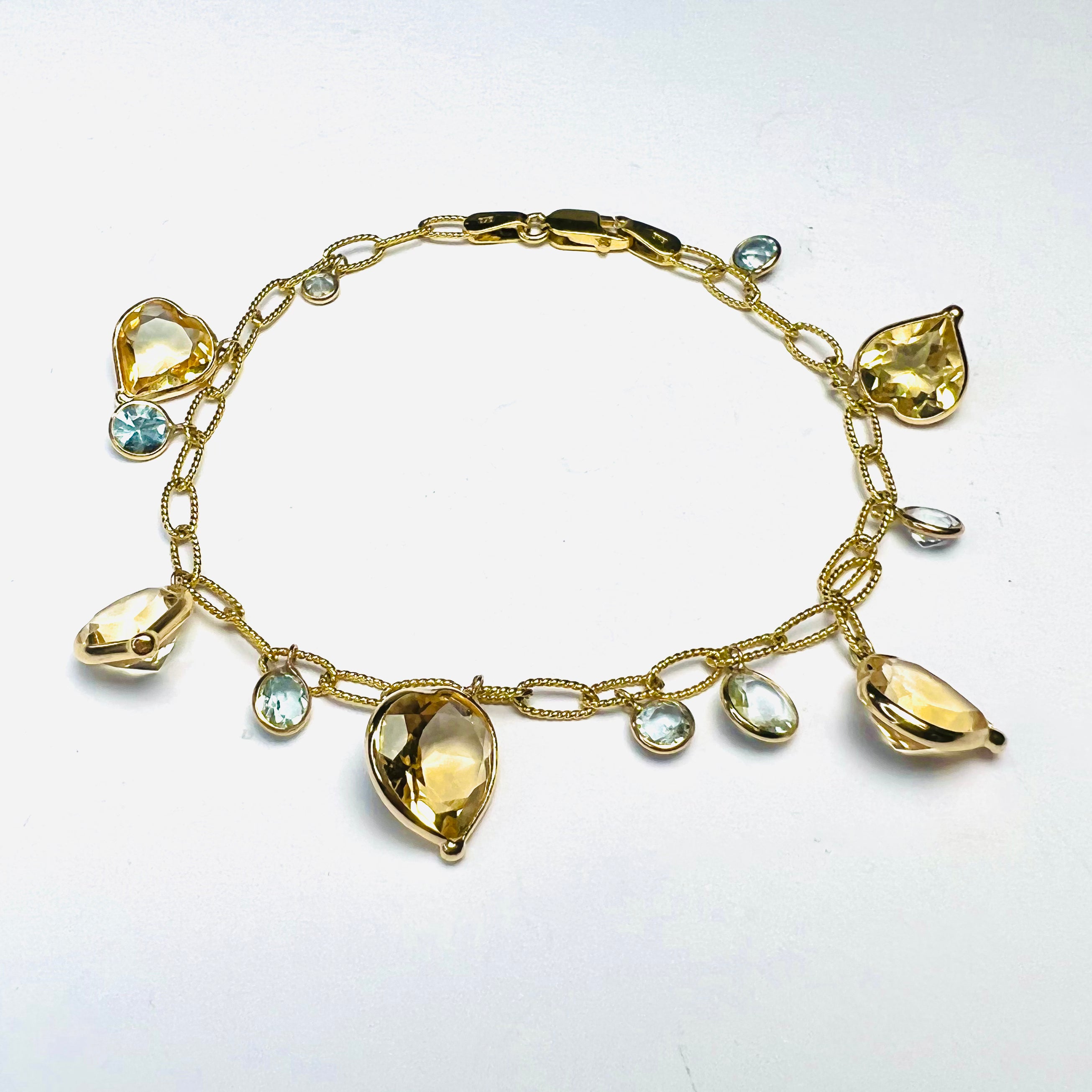 14K Yellow Gold Heart Citrine & Aquamarine Textured Link Bracelet 6.5"