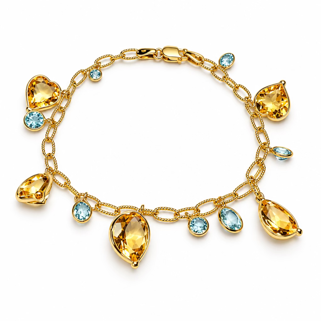 14K Yellow Gold Heart Citrine & Aquamarine Textured Link Bracelet 6.5"