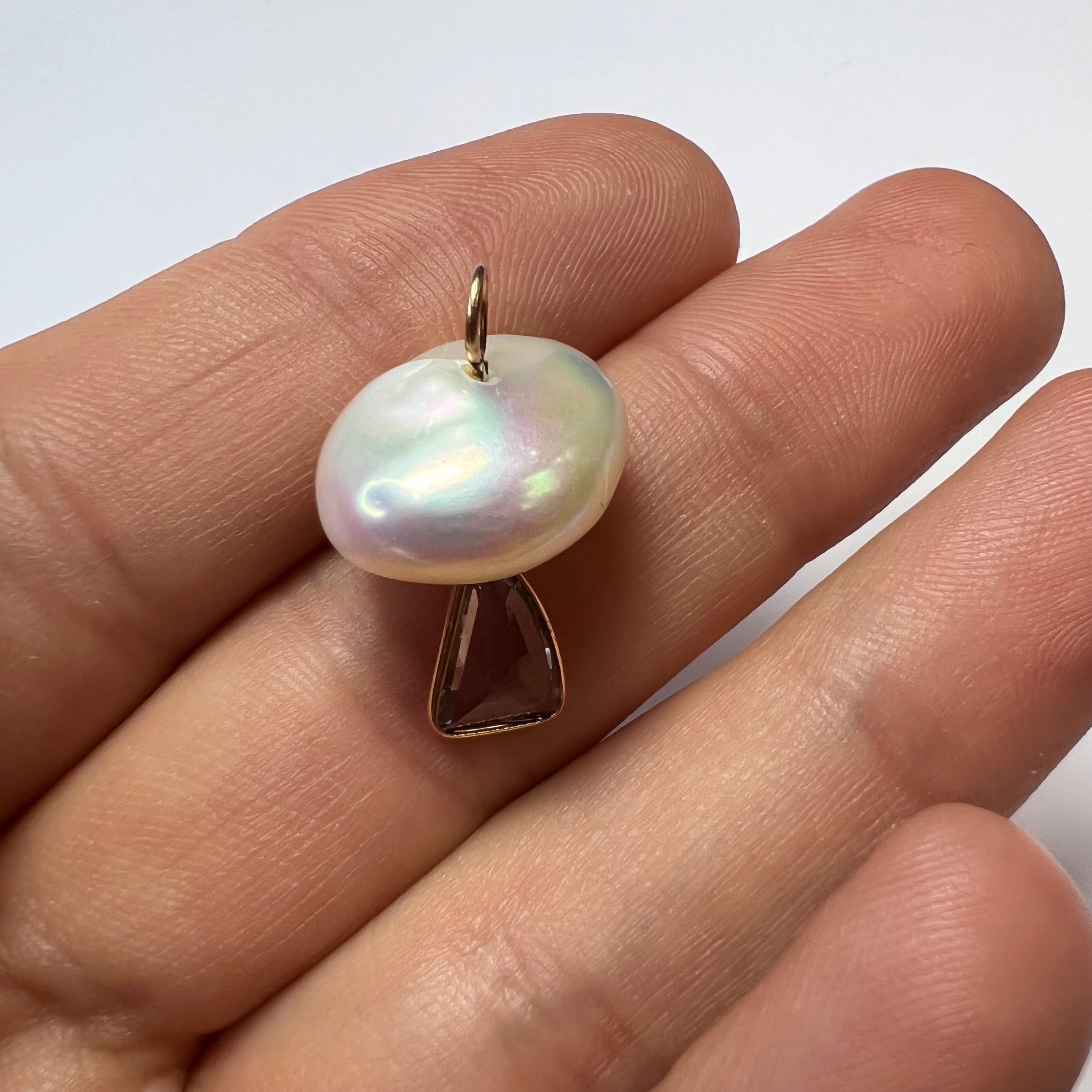 Natural Amethyst and Pearl Mushroom 14K Yellow Gold Pendant Charm 22x15mm