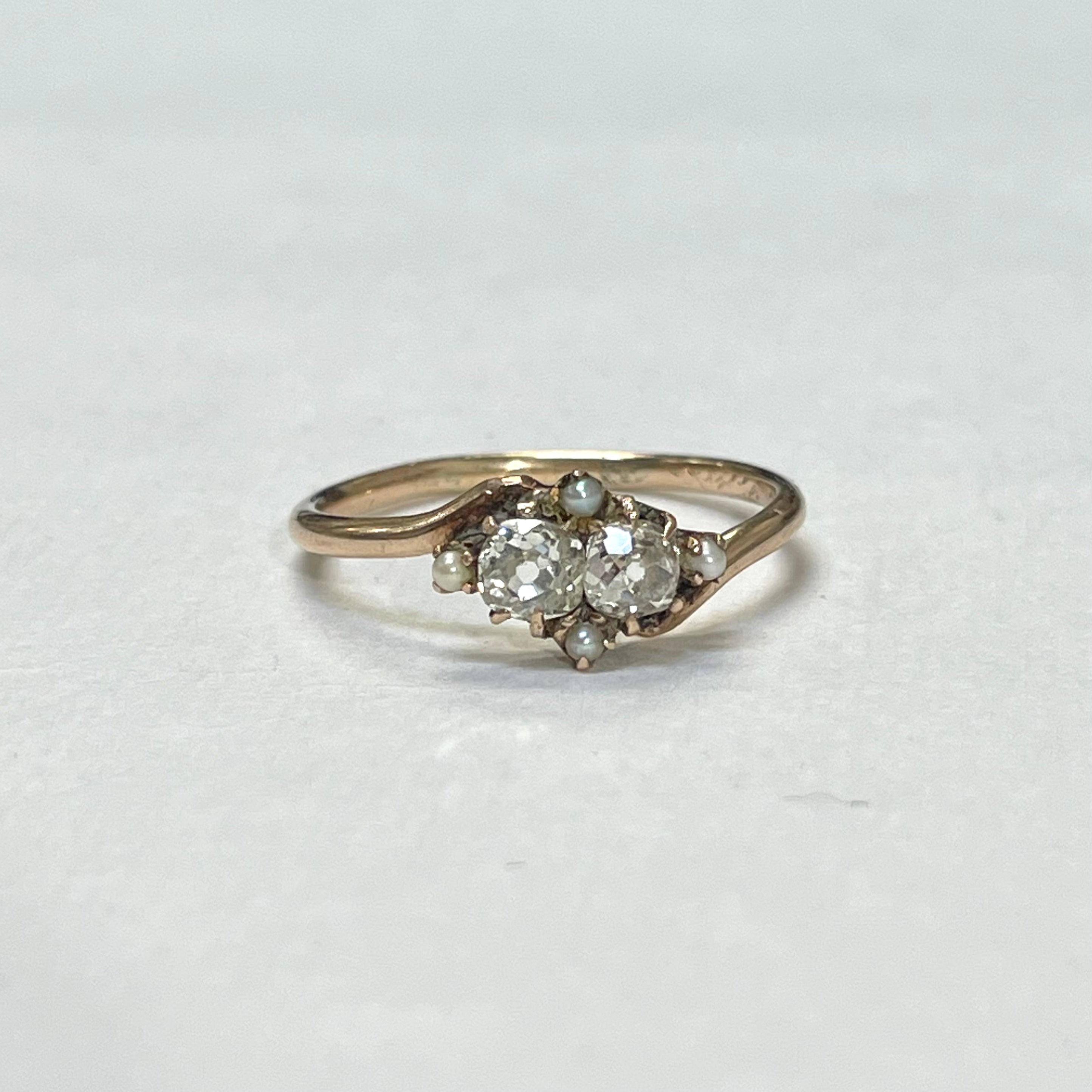 Victorian OMC Double Diamond Pearl Ring Size 8.5