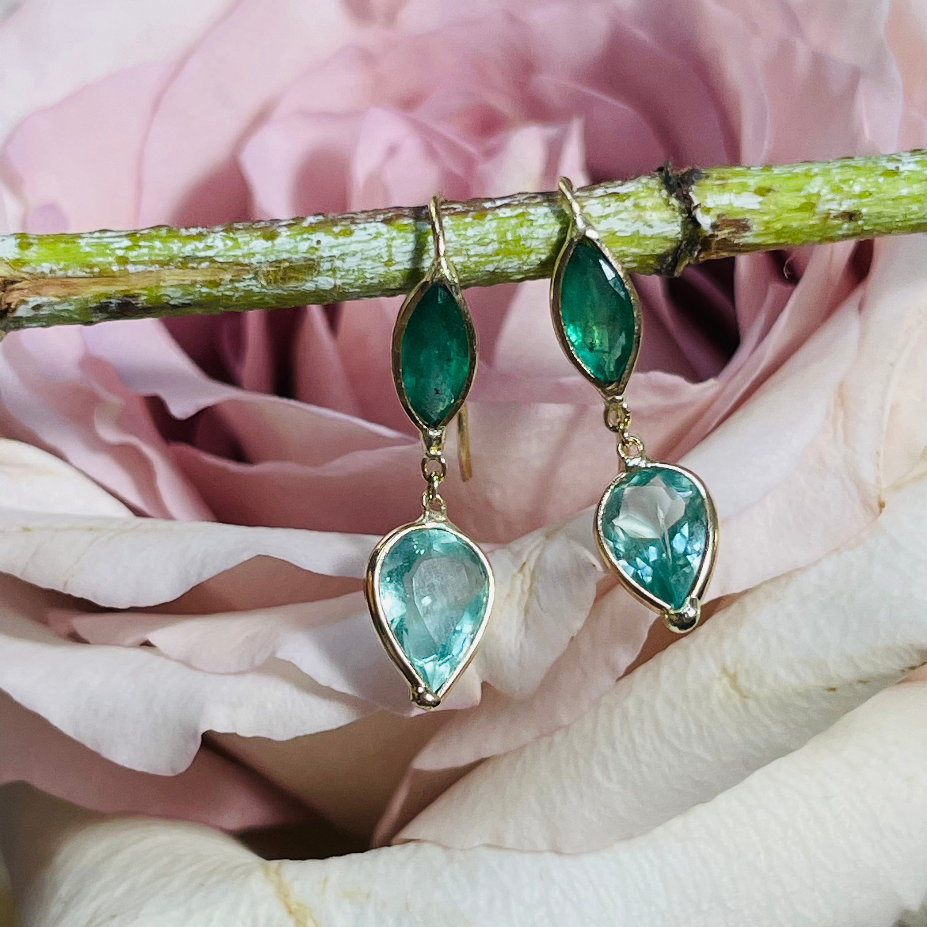 Natural Colombian Emerald Dark and Light Green 14K Yellow Gold Drop Earrings