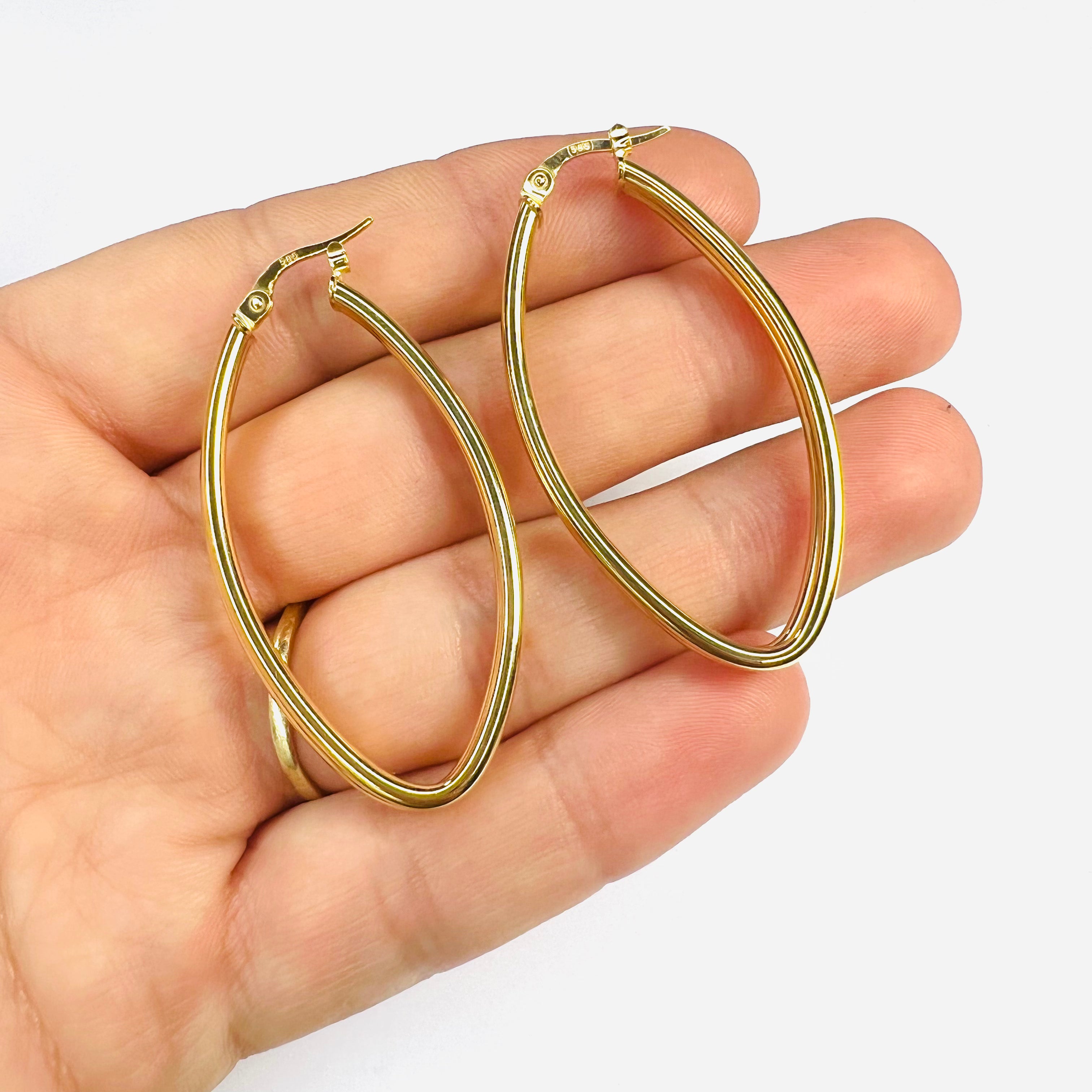Beautiful New 14K Solid Yellow Gold Double Marquise Hoop Earrings 1.75"x.90"