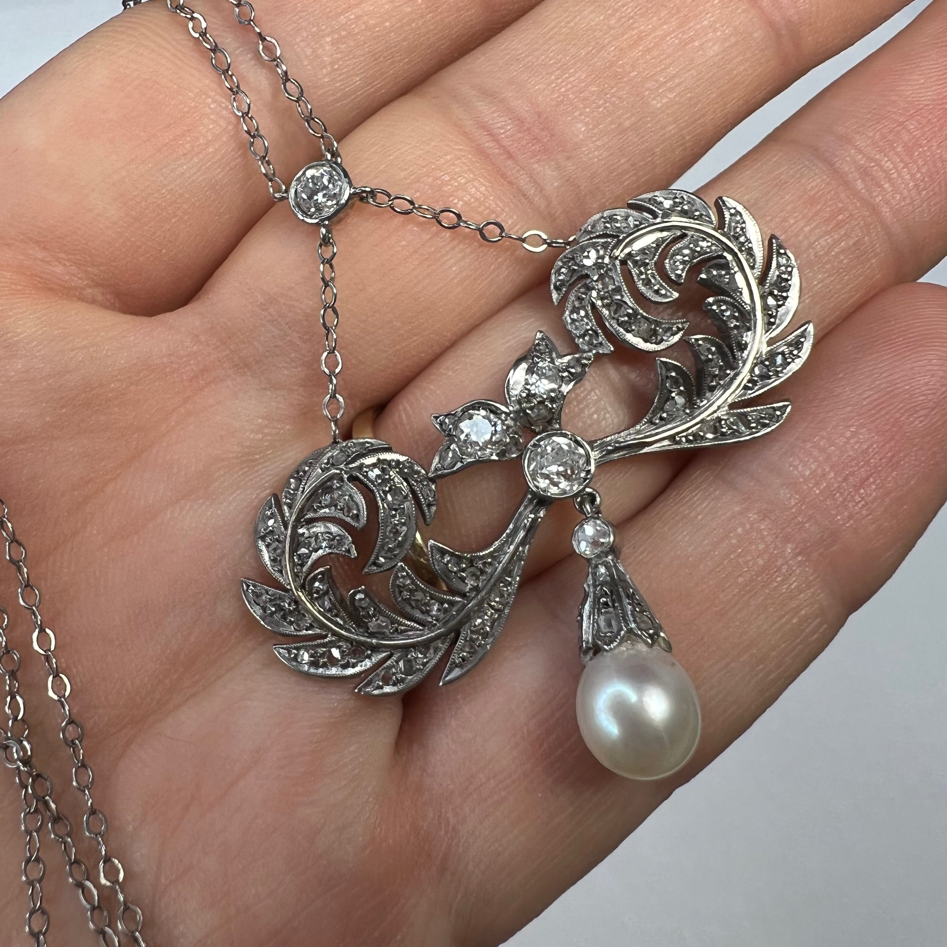 18K White Gold Edwardian Pearl & Old Mine Diamond Lariat Necklace 16"