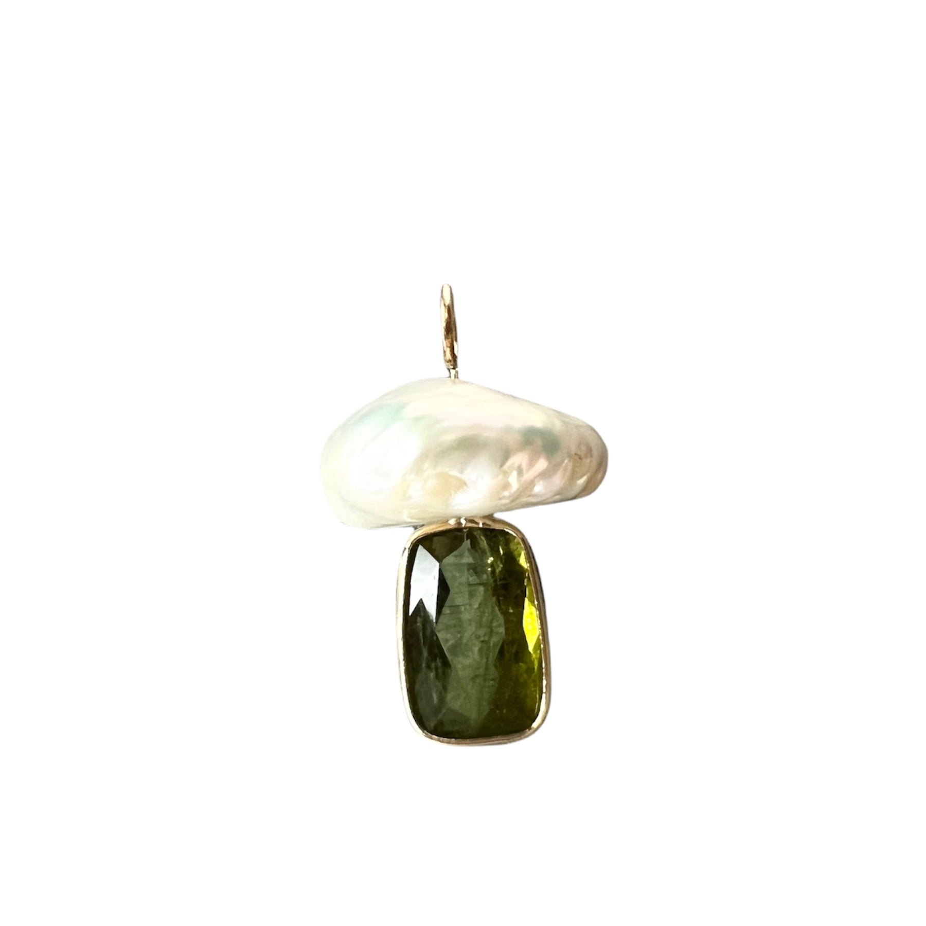 Natural Green Tourmaline and Pearl Mushroom 14K Yellow Gold Pendant Charm 23x14mm