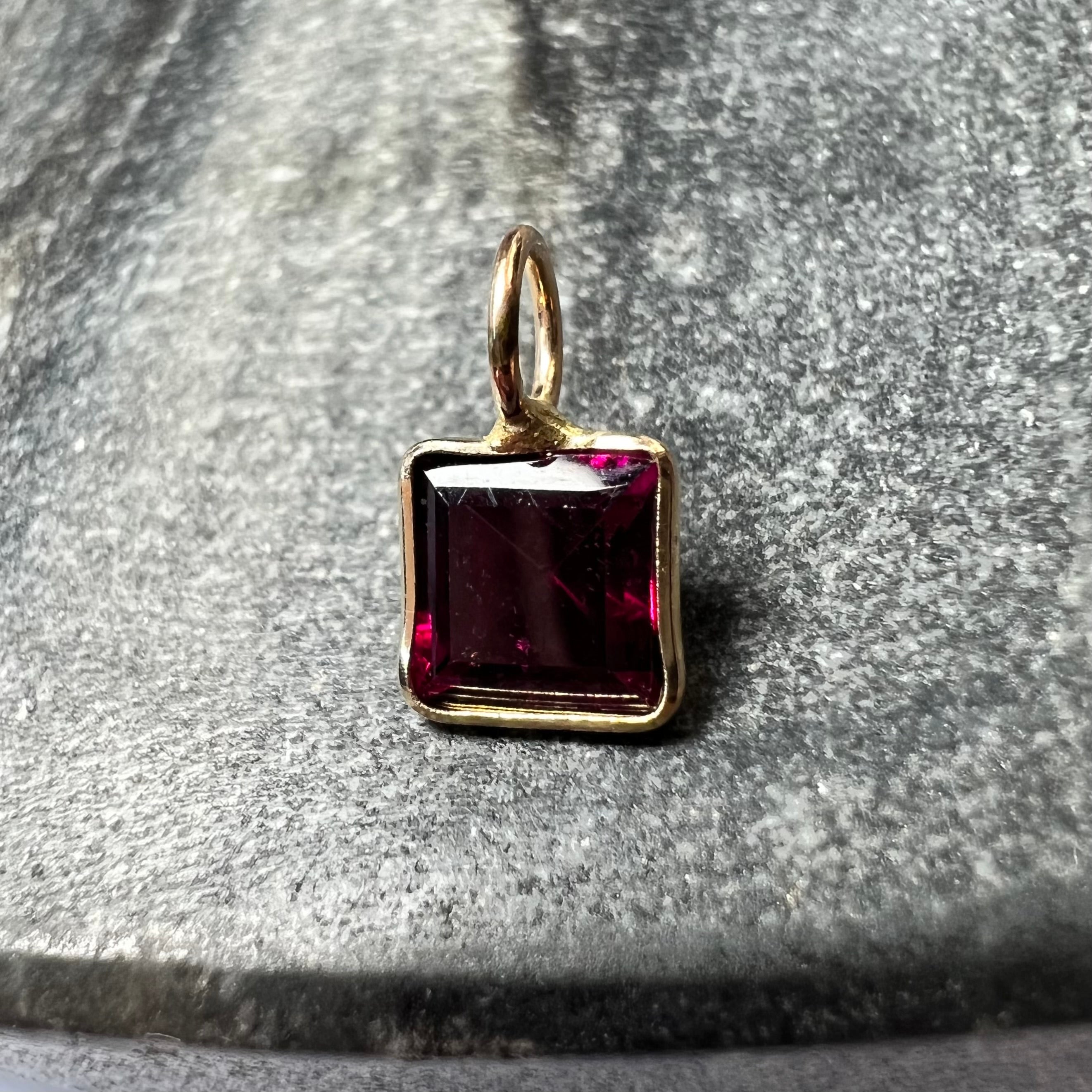 Natural Rhodolite Garnet Ascher Cut 14K Yellow Gold Pendant Charm 10x6mm