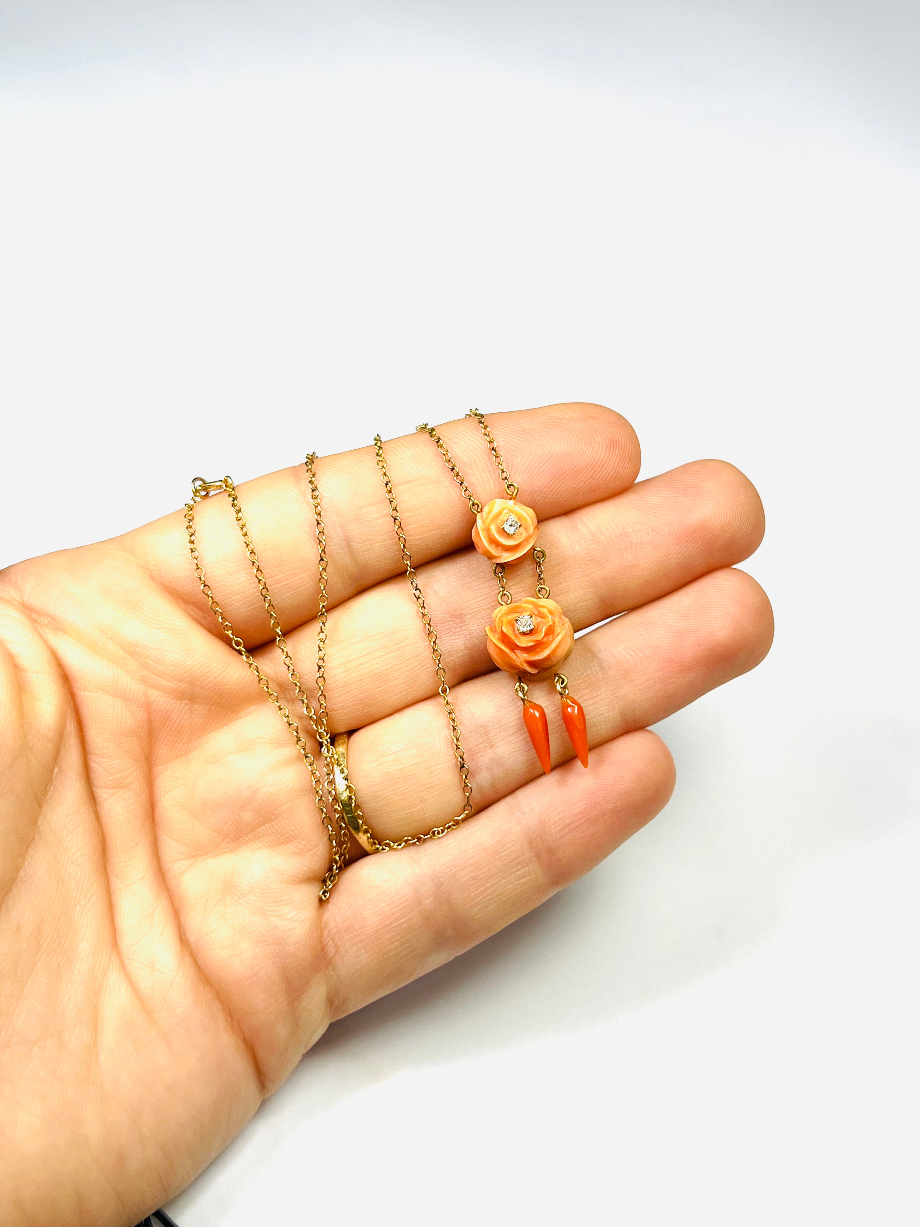 Rose Carved Orange Coral and Diamond 15" 14K Yellow Gold Necklace