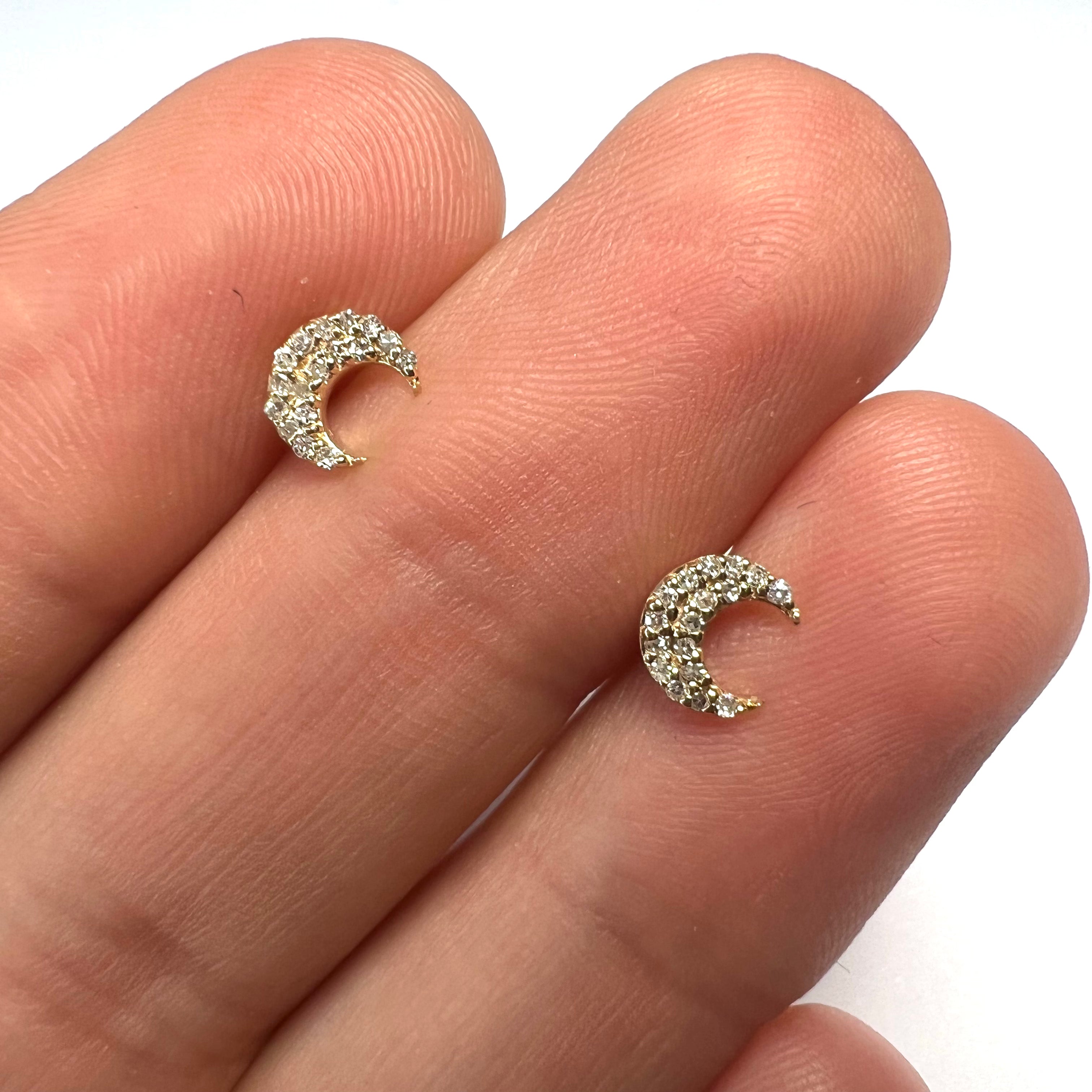 14k Yellow Gold Pave Diamond Moon Earring Studs 6x5mm