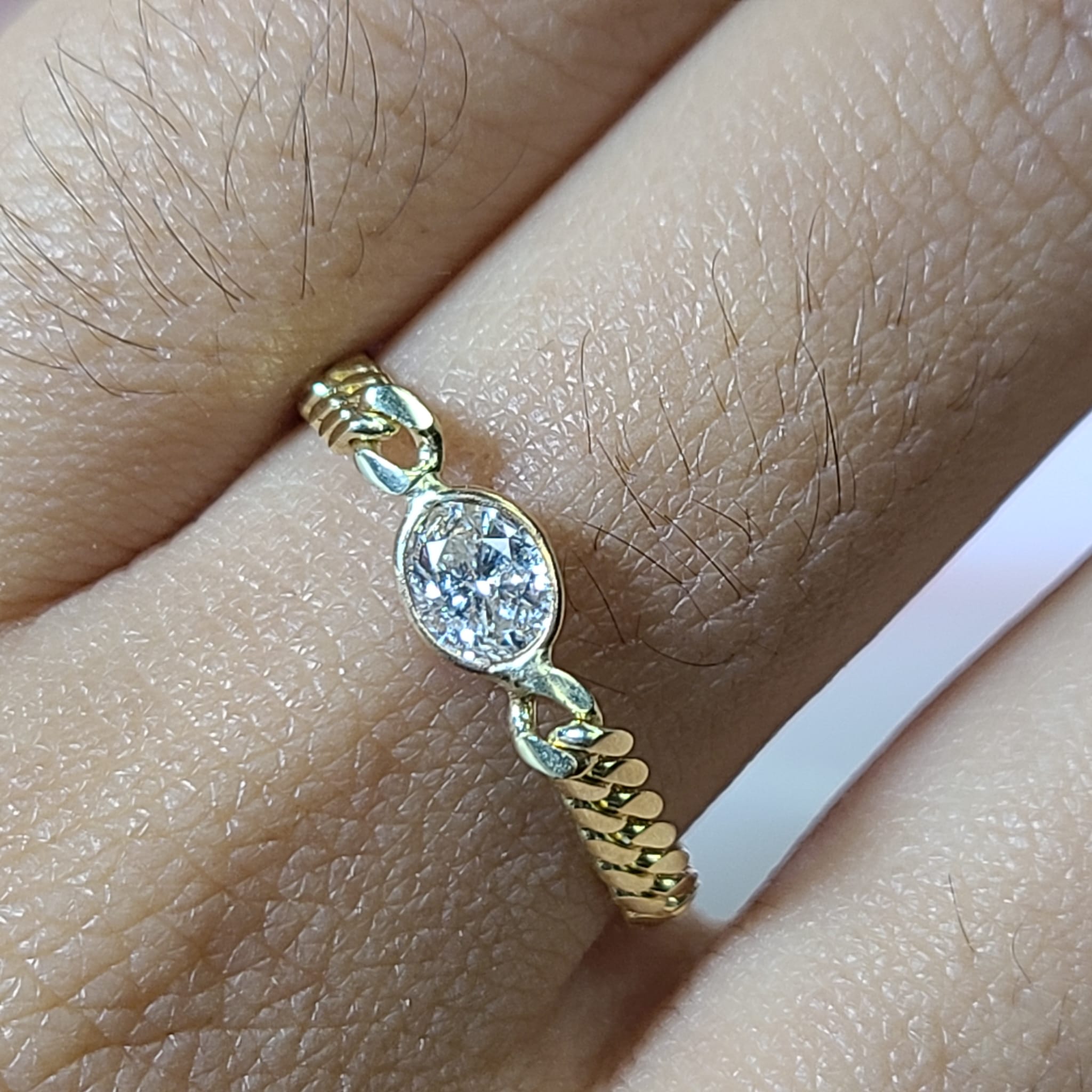 Solid 14K Yellow Gold Oval Diamond Cuban Chain Ring Size 8.5