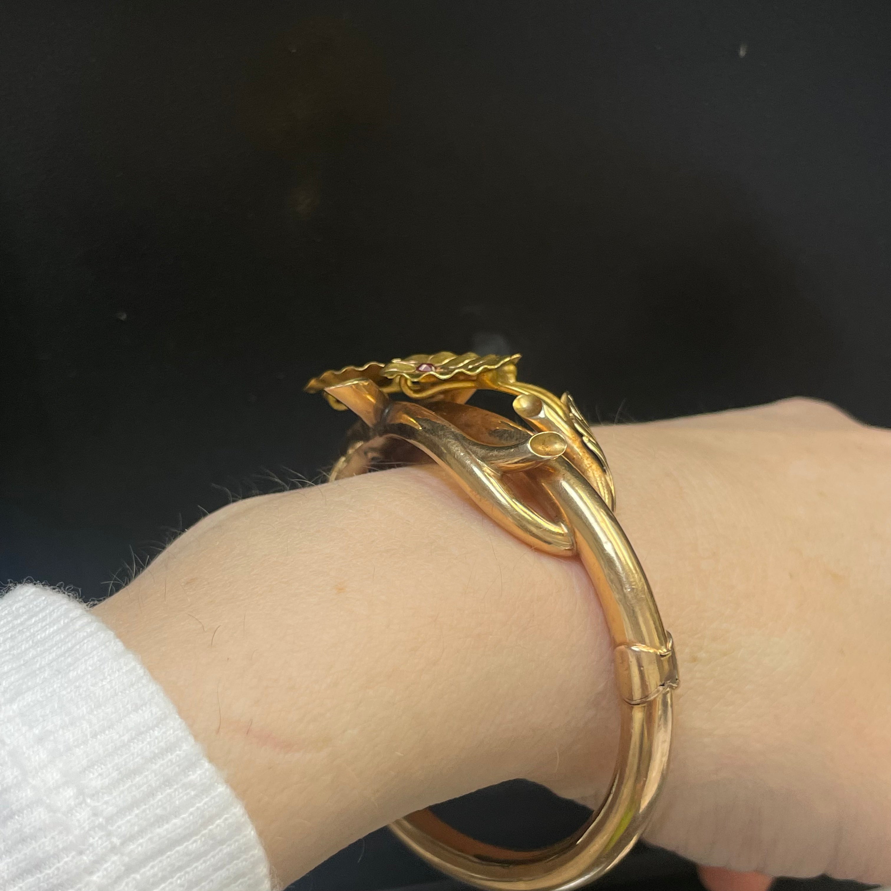Antique 18K French Rose and Yellow Gold Burma Ruby Bangle Bracelet