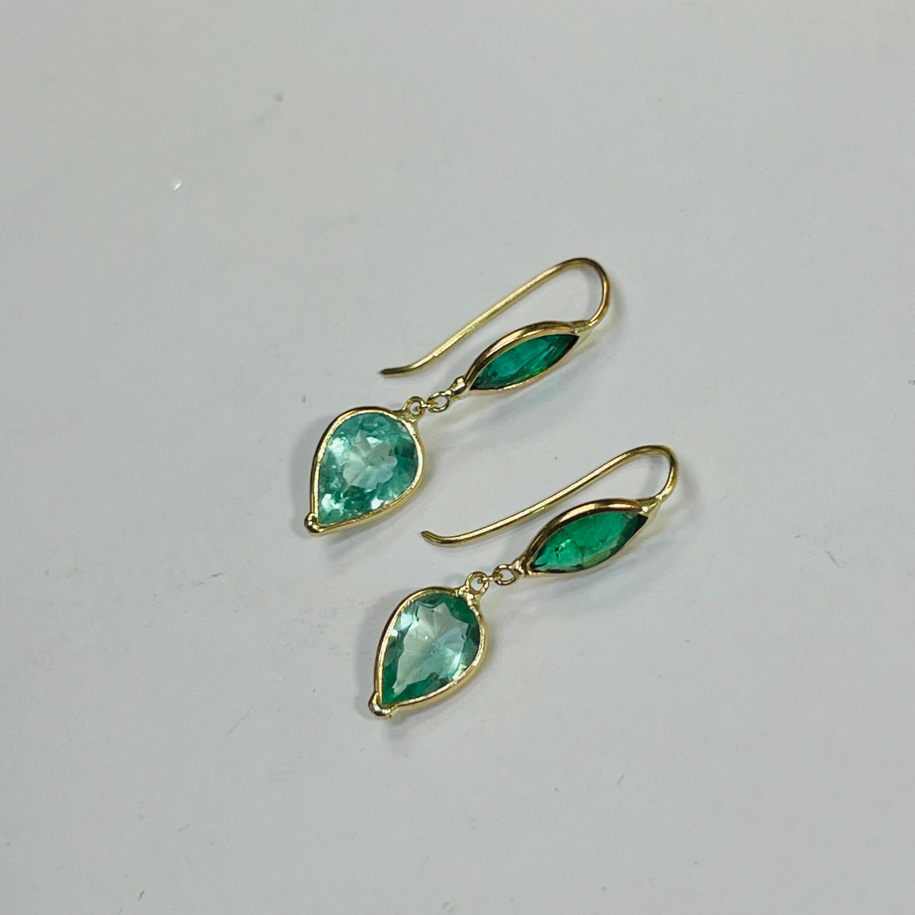Natural Colombian Emerald Dark and Light Green 14K Yellow Gold Drop Earrings