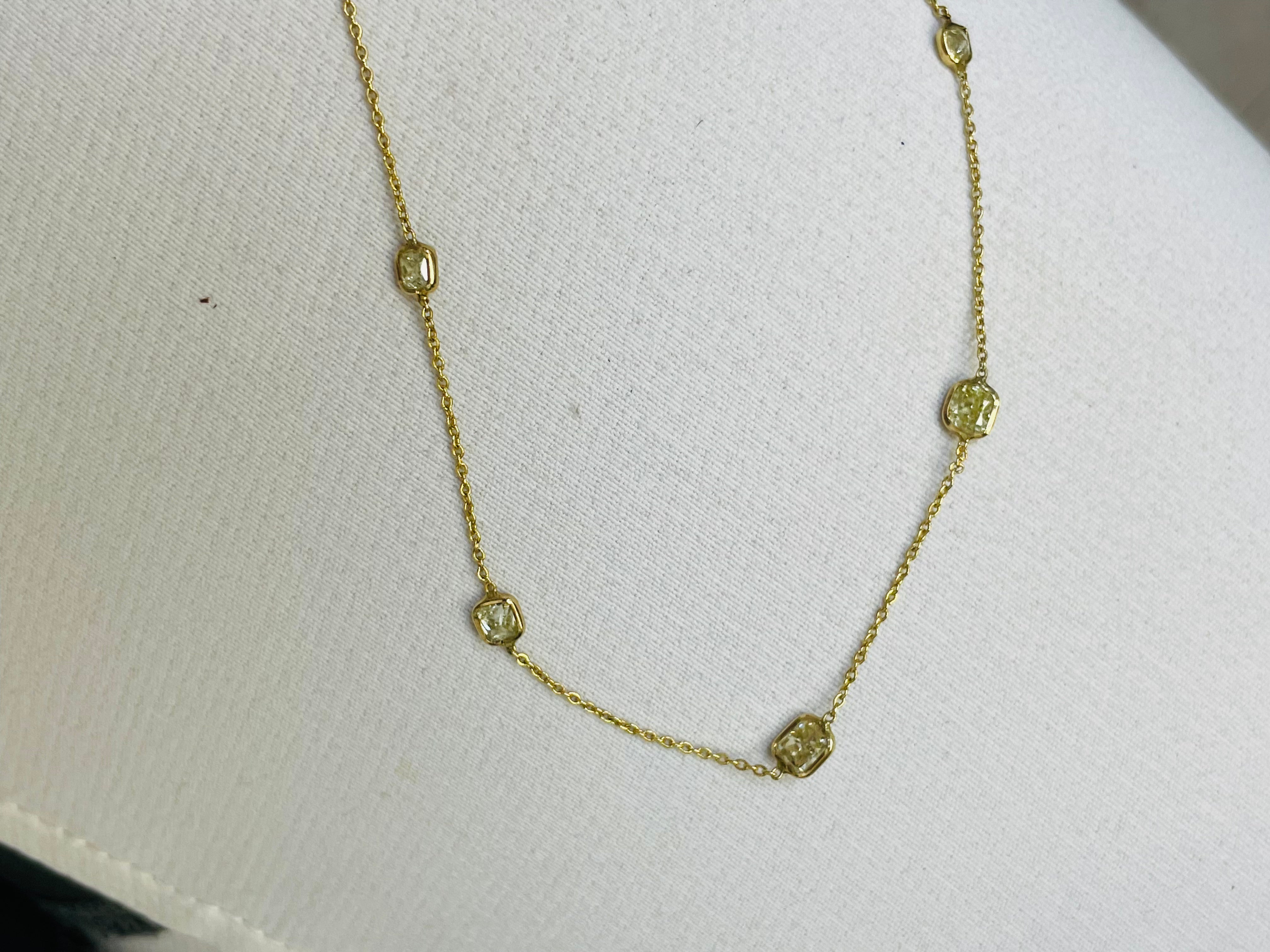 1.1CT Yellow Cushion Cut Diamonds by the Yard 5 Stone 14K Yellow Gold Necklace 16-17”
