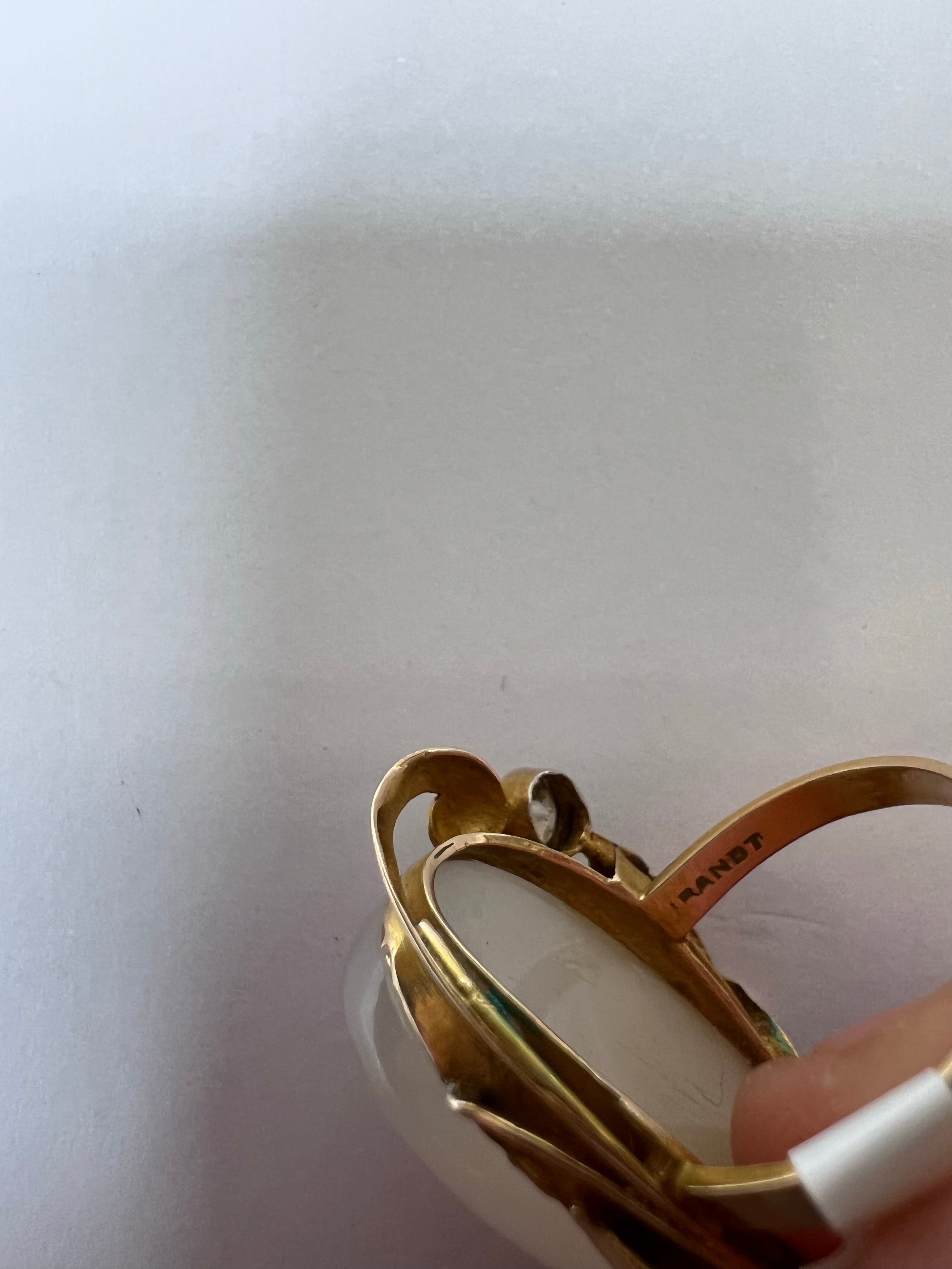 Solid 14K Yellow Gold Antique Moonstone and Diamond Long Ring Size 4.75