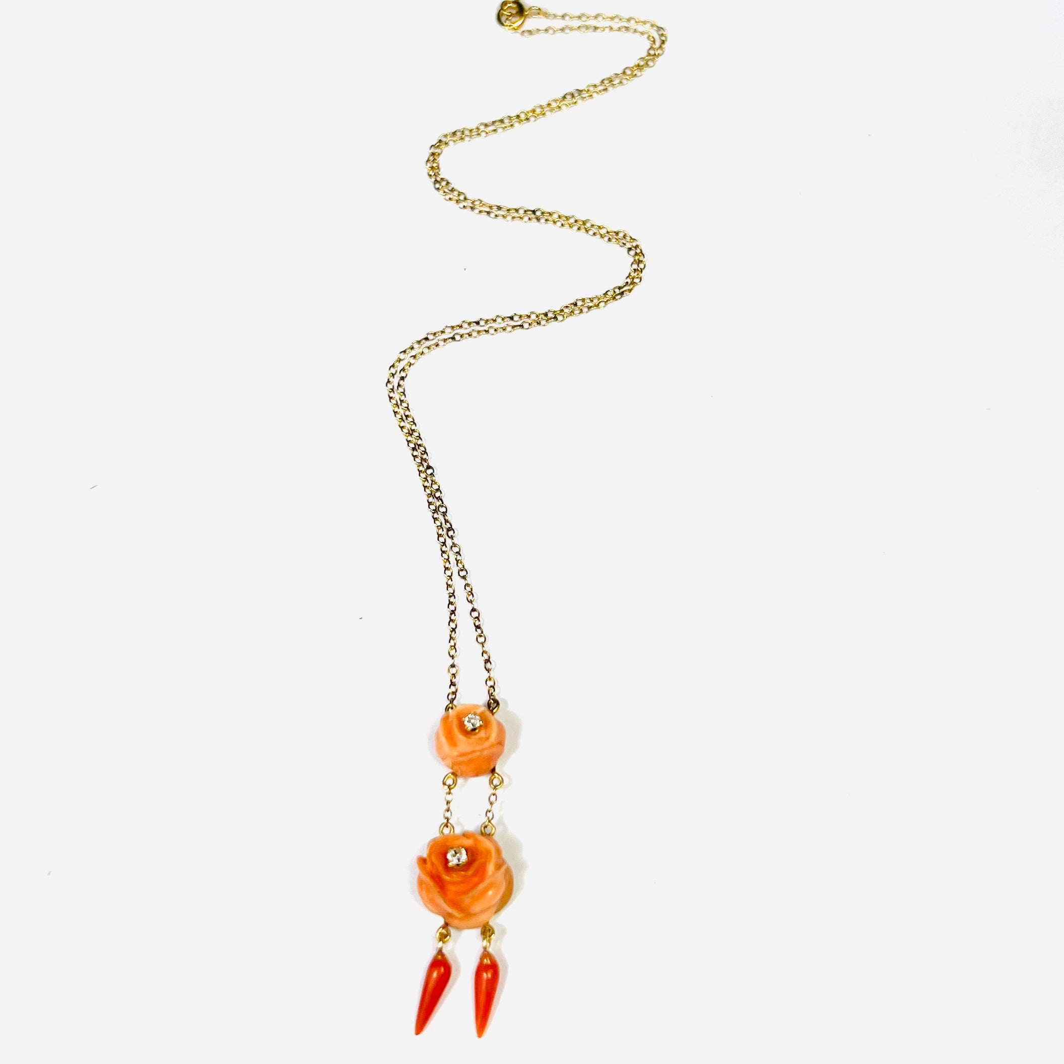 Rose Carved Orange Coral and Diamond 15" 14K Yellow Gold Necklace