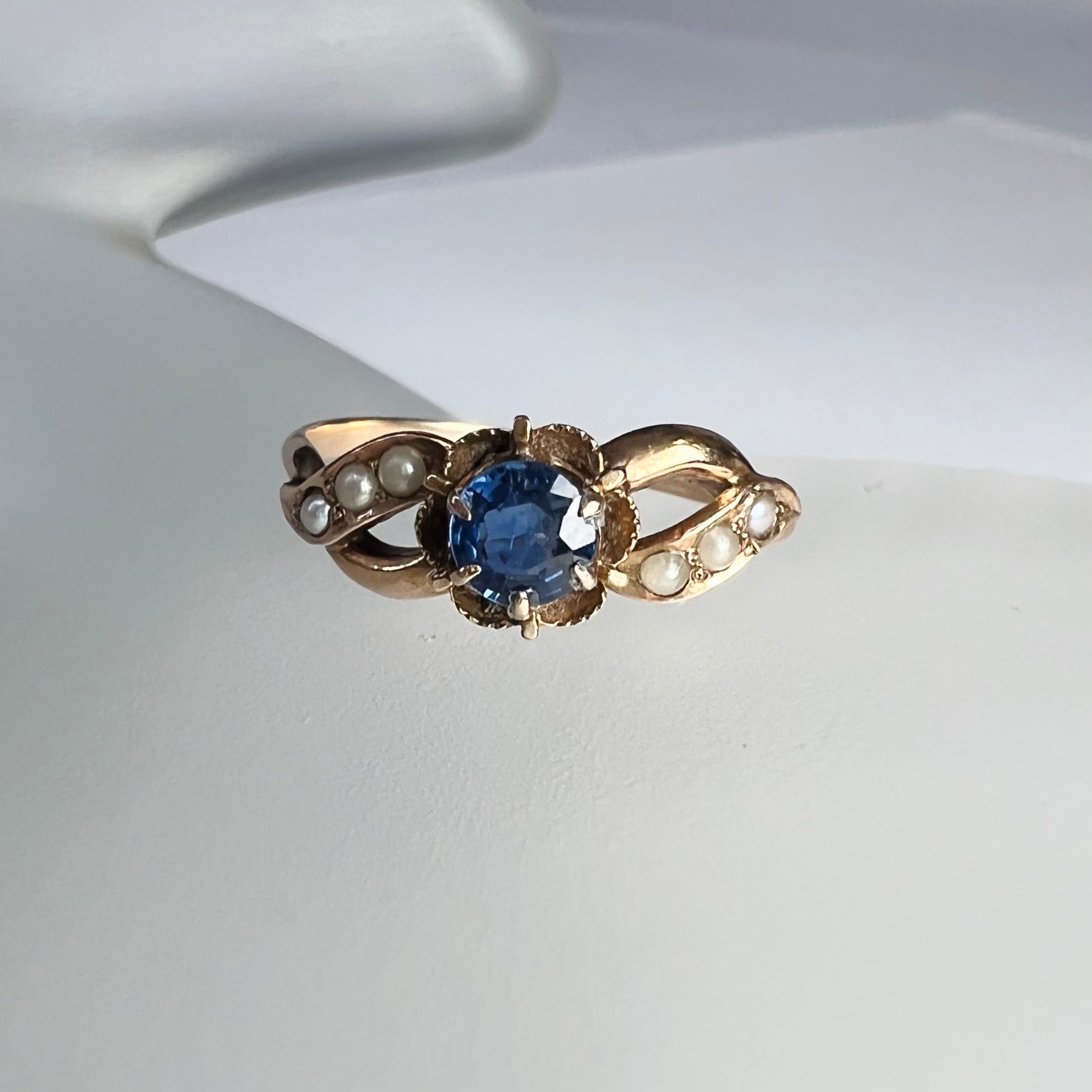 Antique 10K Rose Gold Sapphire and Pearl Ring Size 6.5