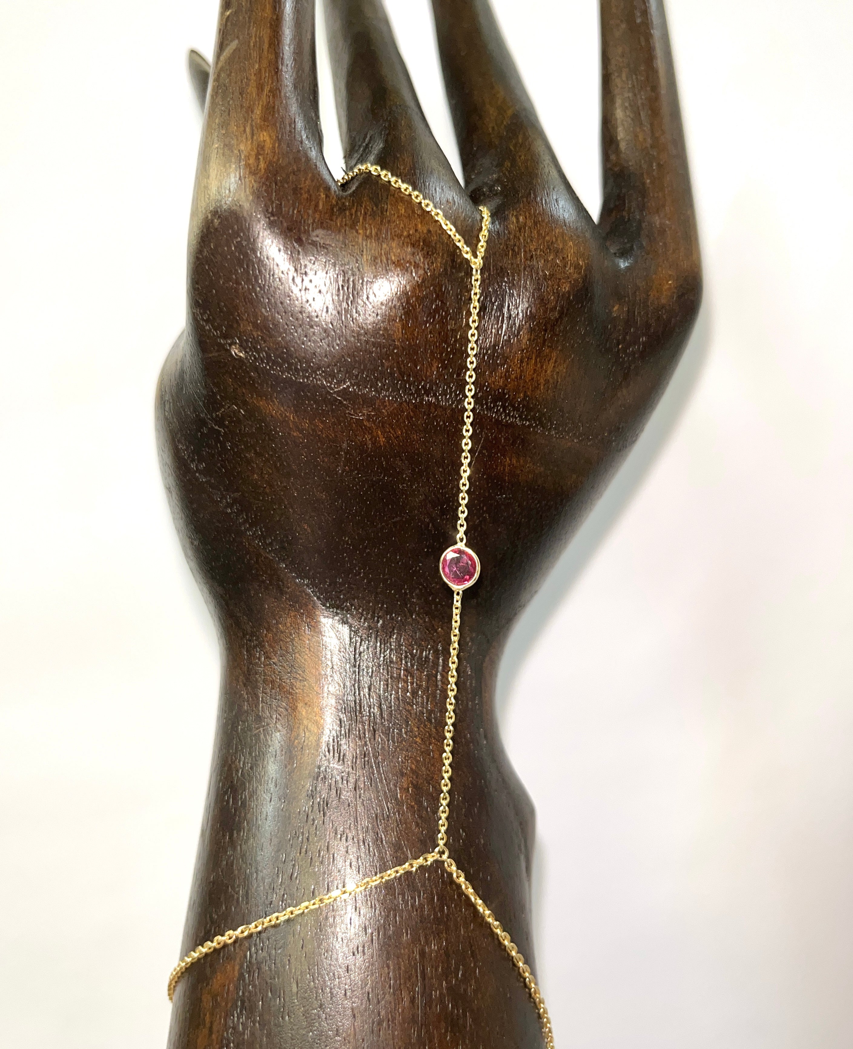 Round Ruby Hand Chain Bracelet in Solid 14K Yellow Gold