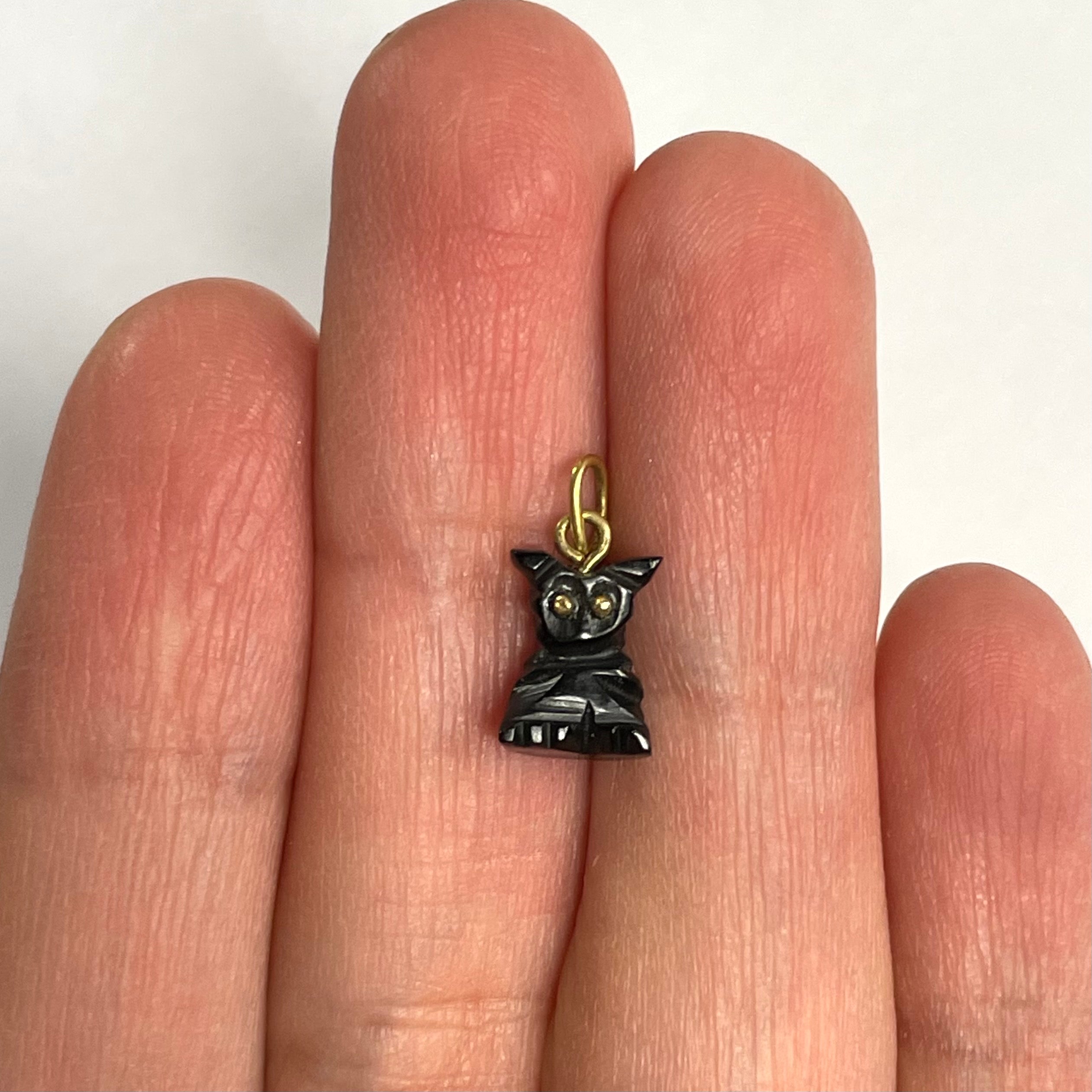 14K Yellow Gold Natural Jet Black Owl Charm
