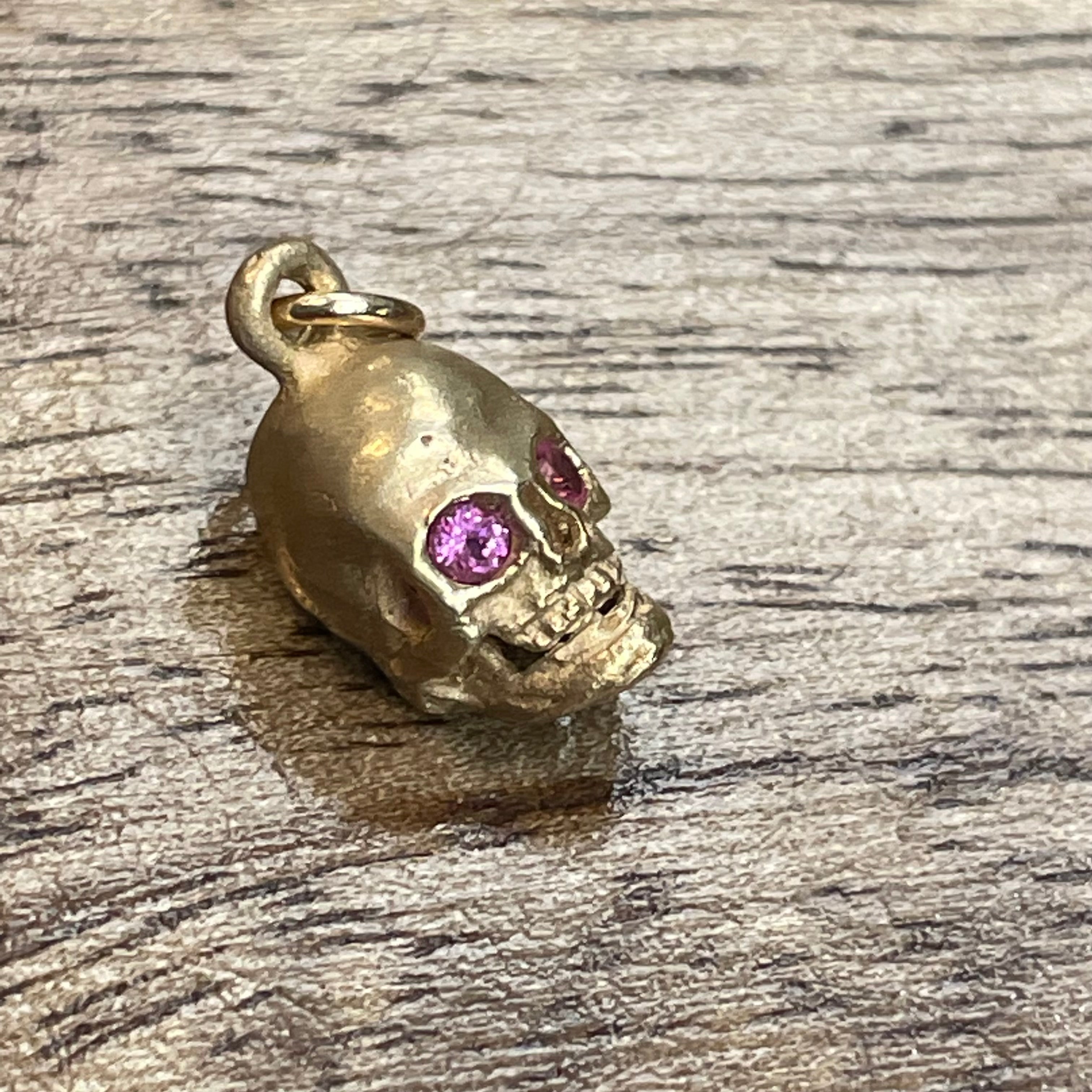 Solid 18K Large Pink Sapphire Skull Charm