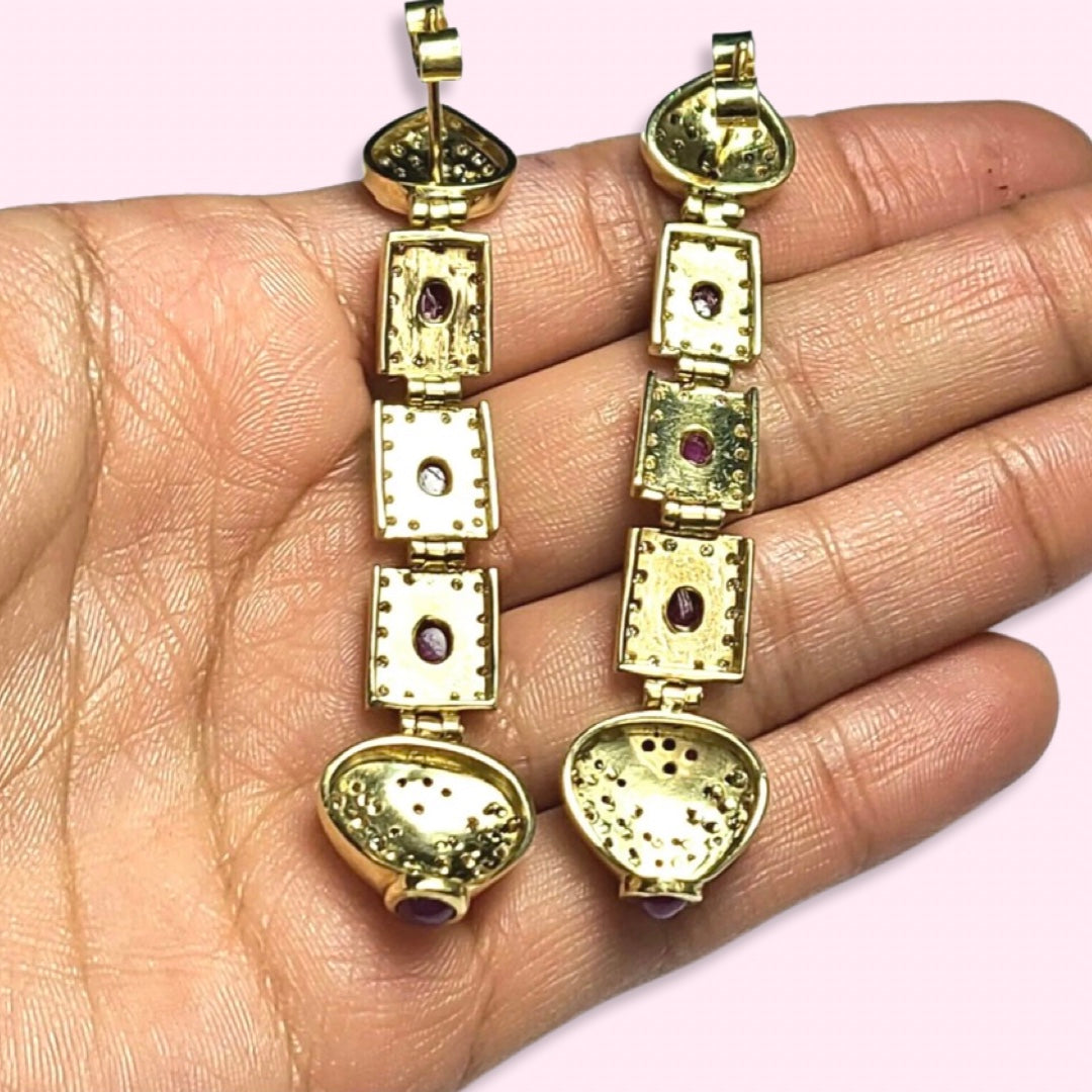 18K Yellow Gold Ruby and Diamond Drop Earrings