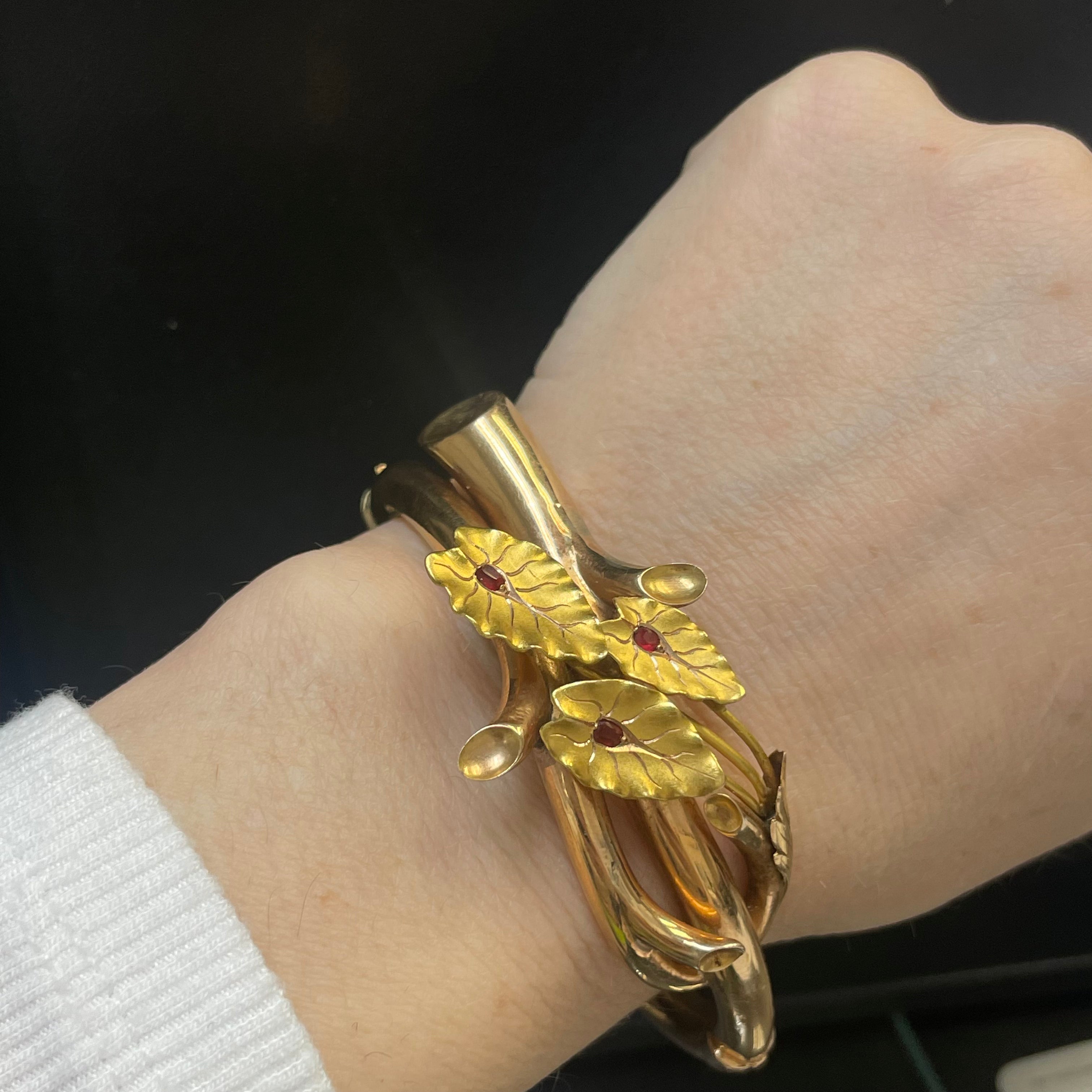 Antique 18K French Rose and Yellow Gold Burma Ruby Bangle Bracelet