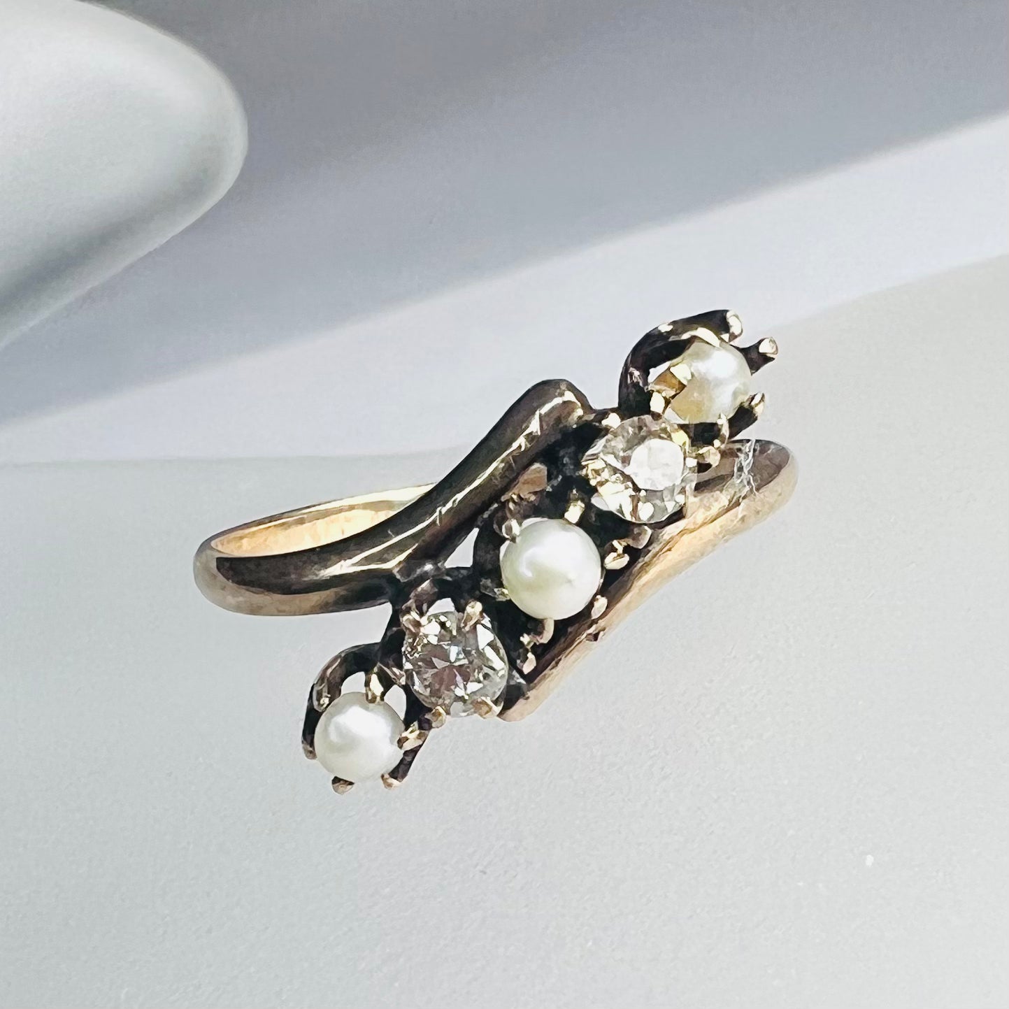 Antique 10K Rose Gold Pearl and Diamond Bypass Band Ring Size 5.25