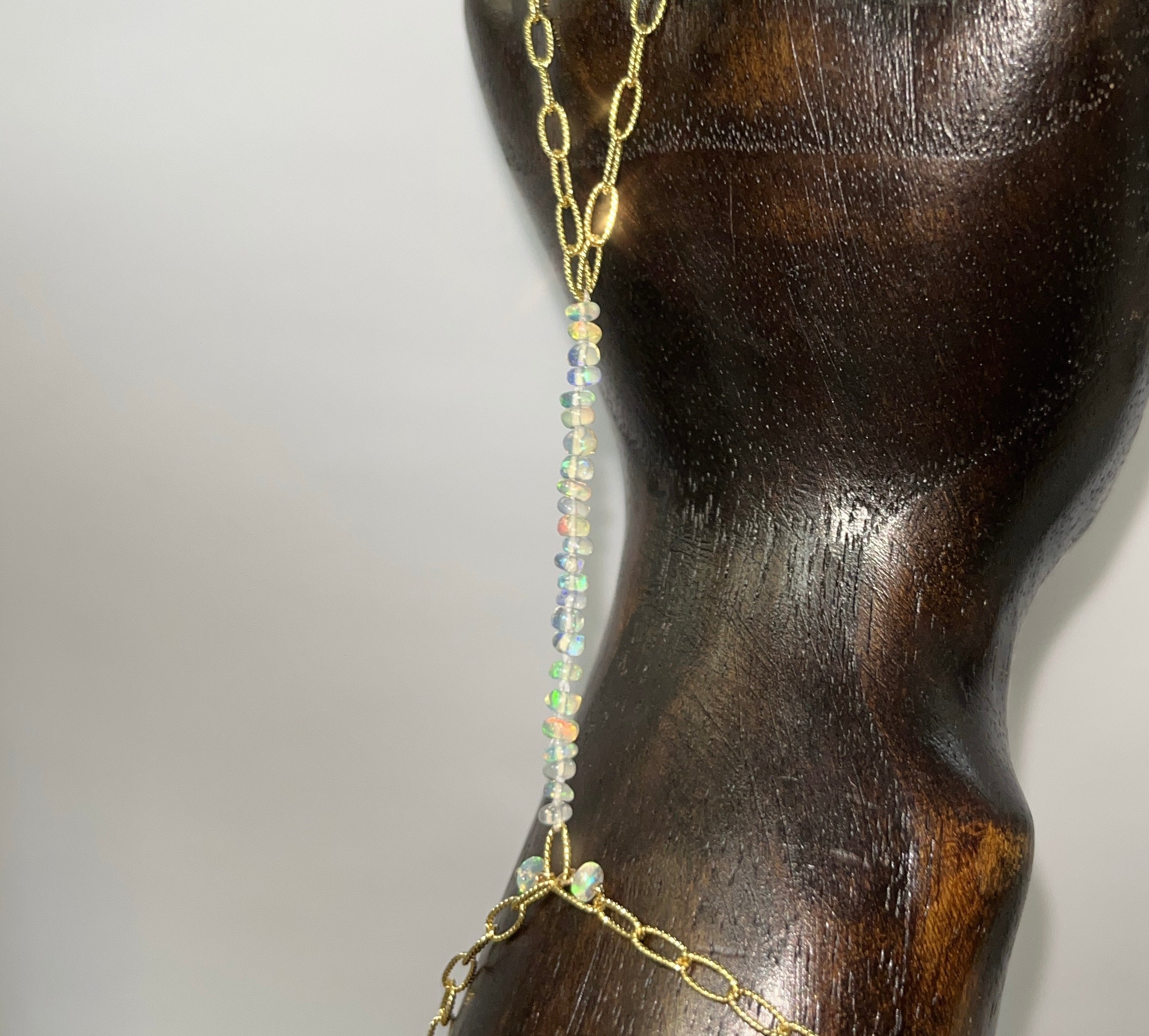Beautiful Beaded Opal on a Textured 14K Yellow Gold Paperclip Hand Chain