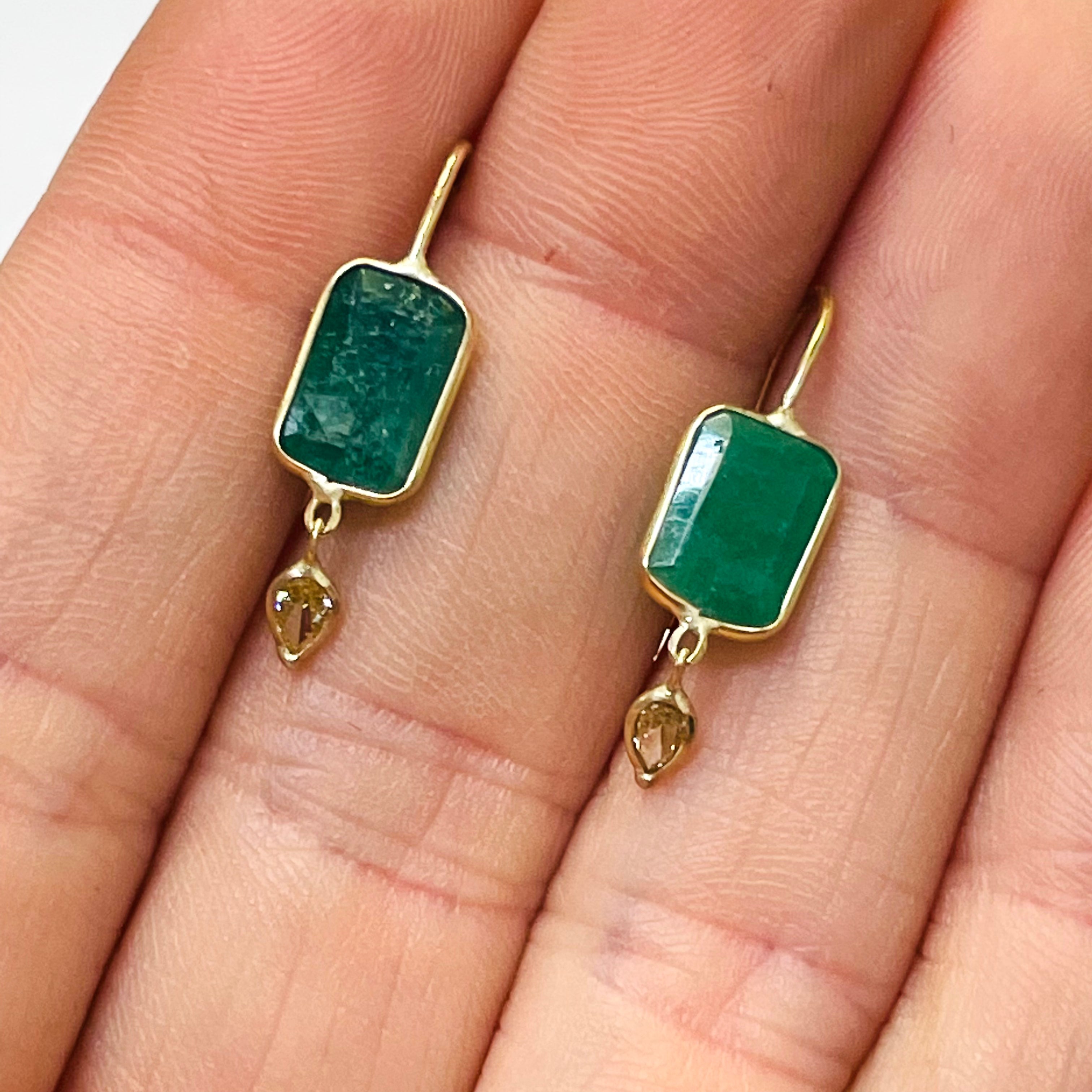 3CT Emerald and .18CT Yellow Diamond 14K Yellow Gold Drop Down Earrings