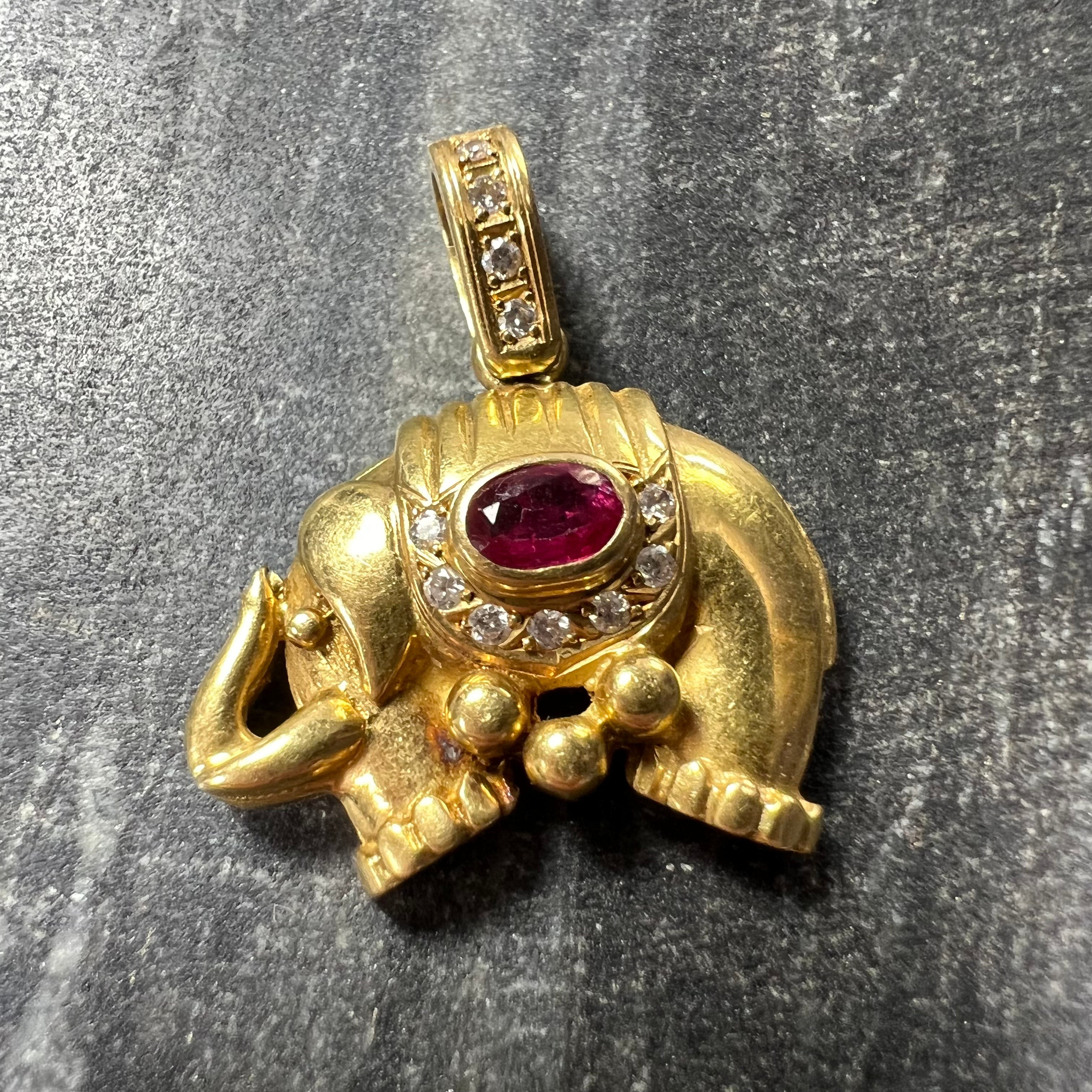 Antique Solid 18K Gold Yellow Gold And Ruby Elephant Pendant 1.05"