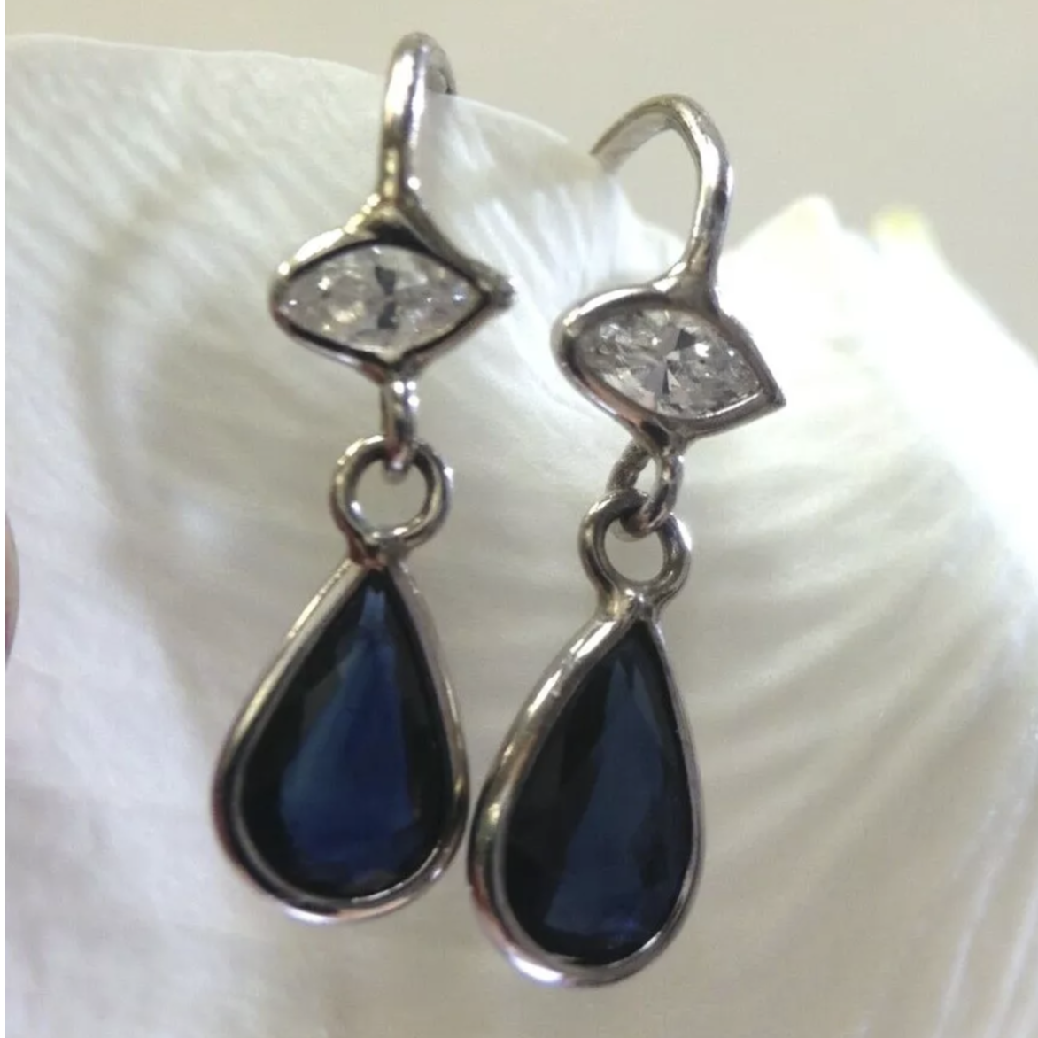 14K White Gold Sapphire and Diamond Drop Earrings