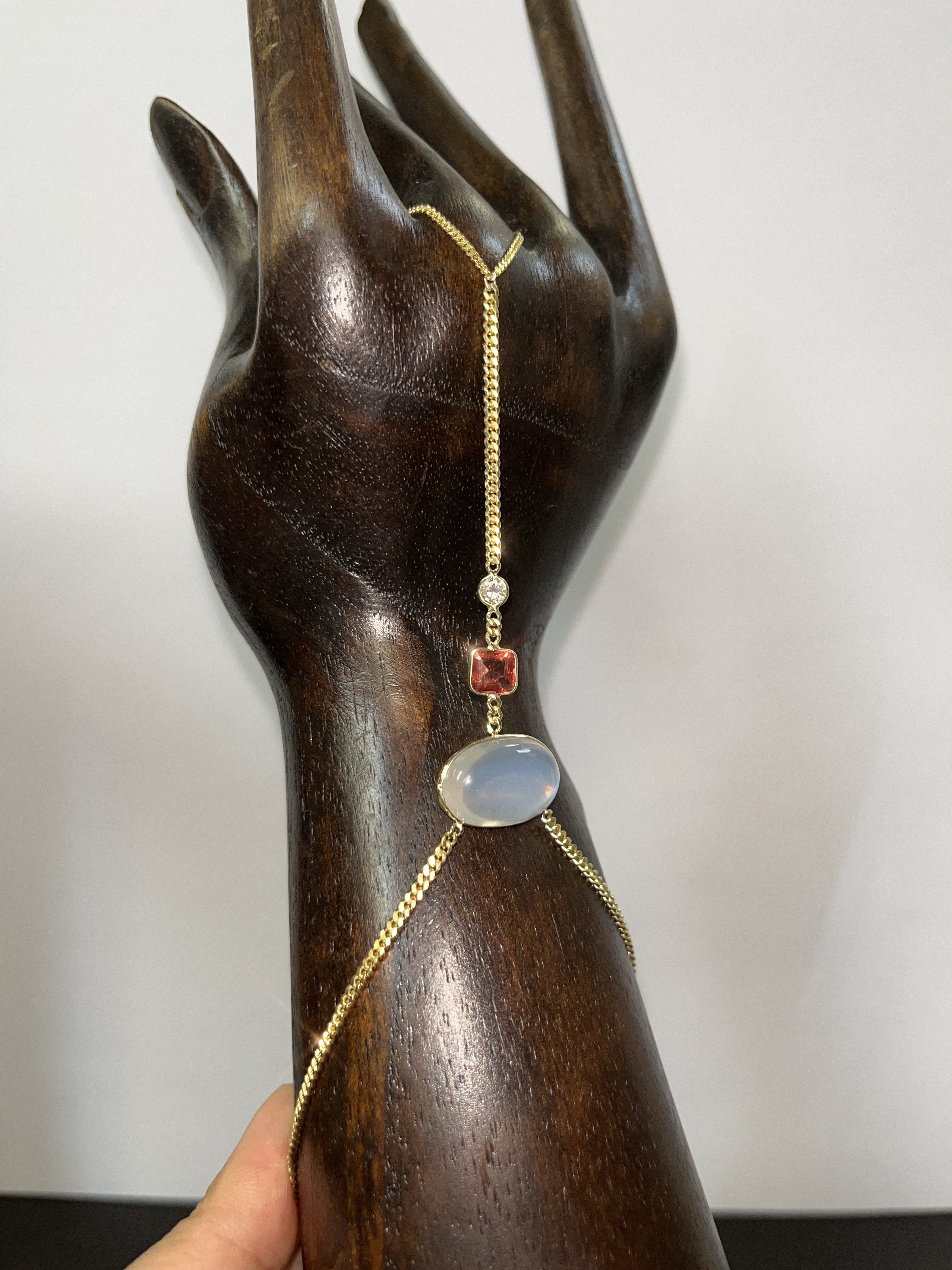 Moonstone, Spinel and Diamond 14K Yellow Gold Curb Link Hand Chain