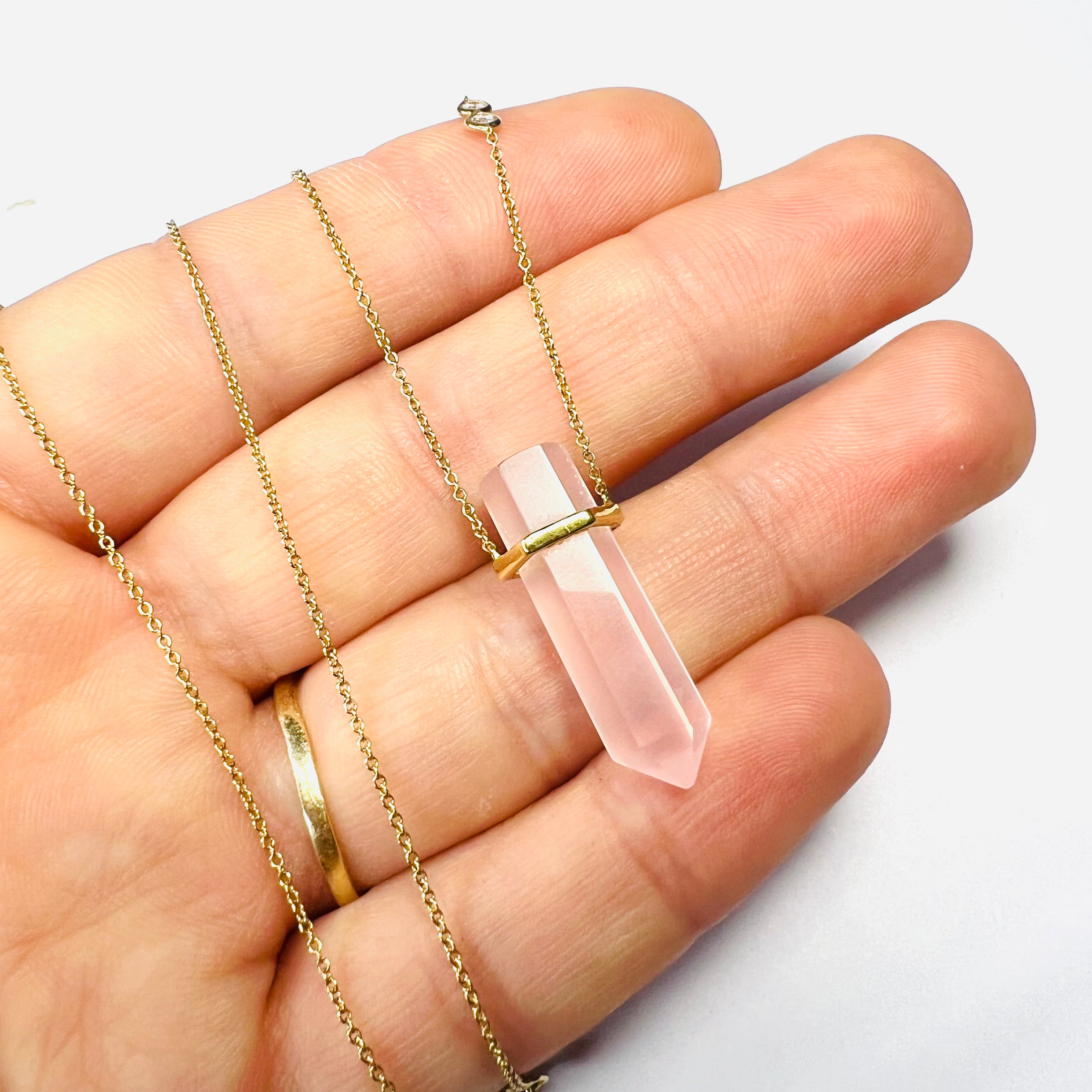 Rose Quartz with Diamonds 21" 18K Yellow Gold Necklace