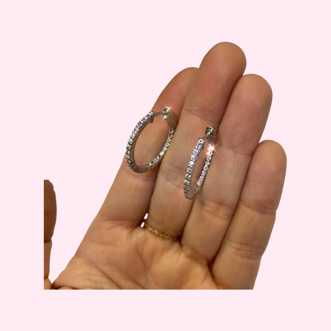 .90” Diamond and Purple Ombre Sapphire 14K White Gold Inside Outside Hoop Earrin