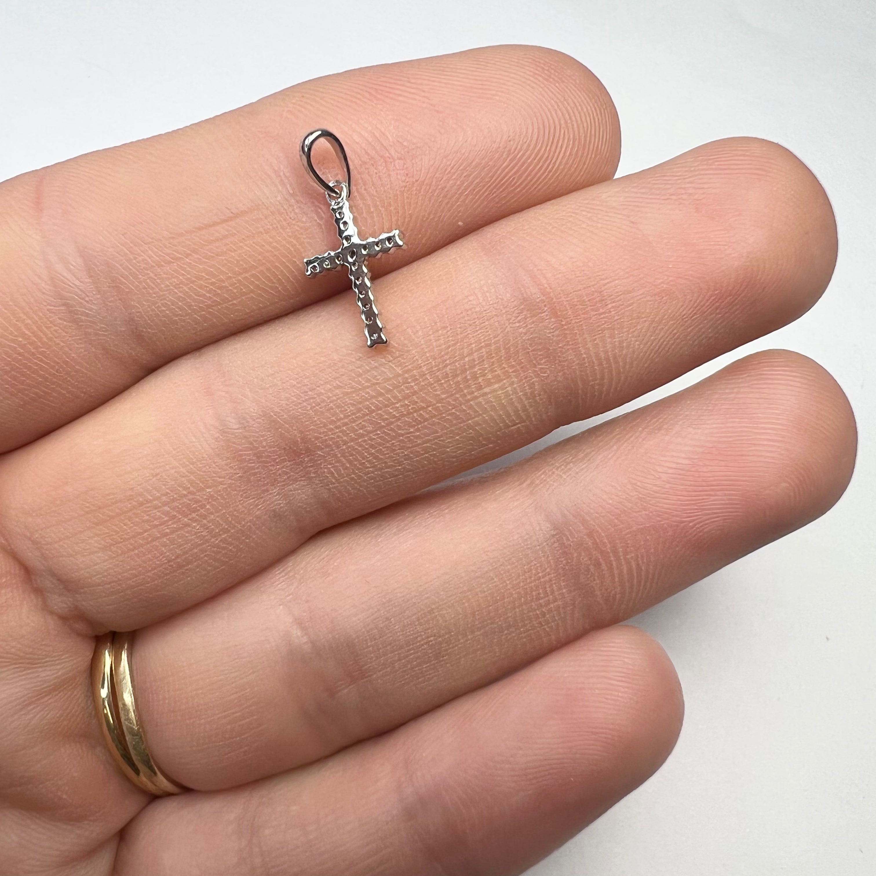 Solid 14K White Gold Diamond Cross Pendant 15x7mm