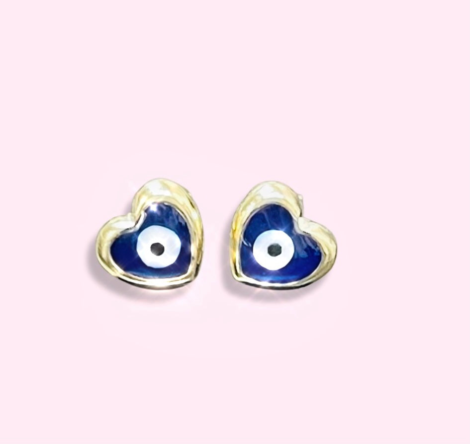 10K Yellow Gold 6x5mmHeart Blue Evil Eye Stud Earrings