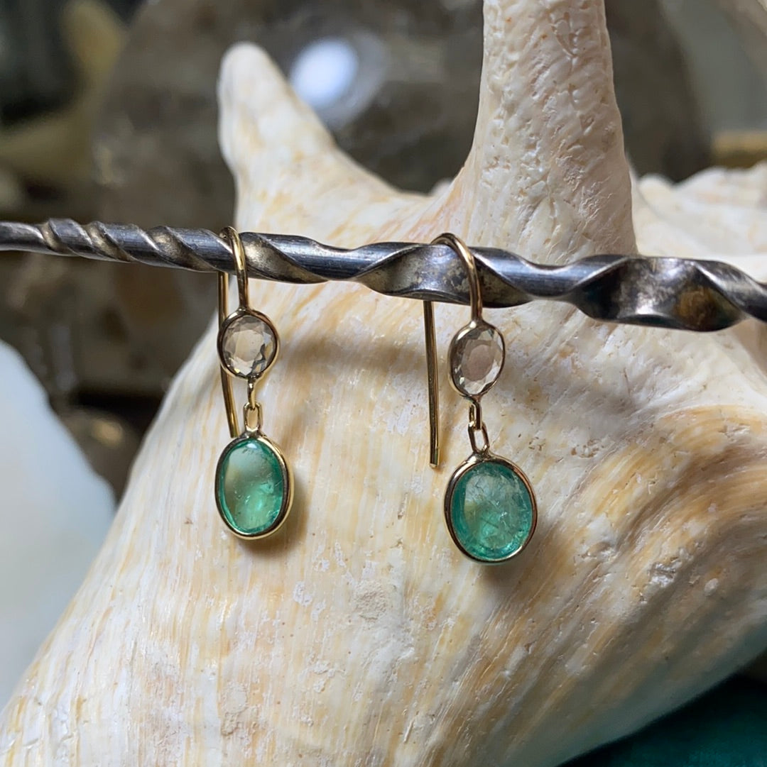 Emerald Cabochon and Rose Cut Diamond 14K Yellow Gold Drop Down Earrings