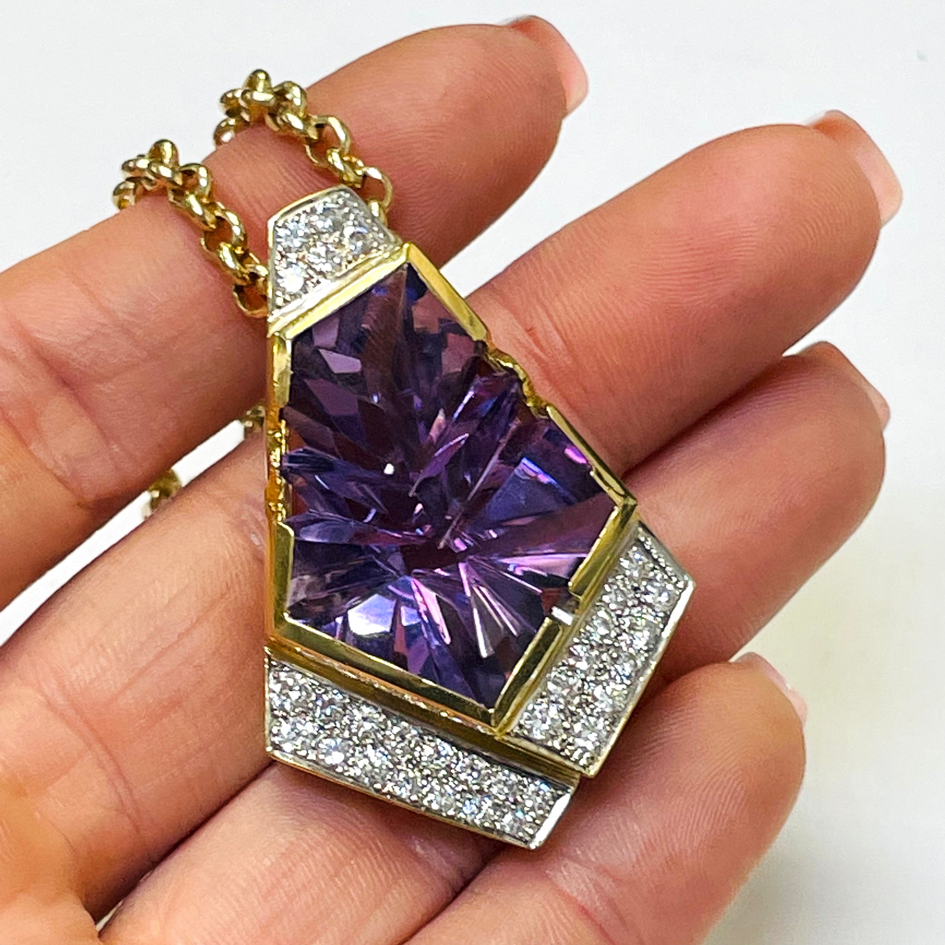 Prism Cut Amethyst with 2ctw Diamonds Pendant 18K Yellow Gold Pendant slide