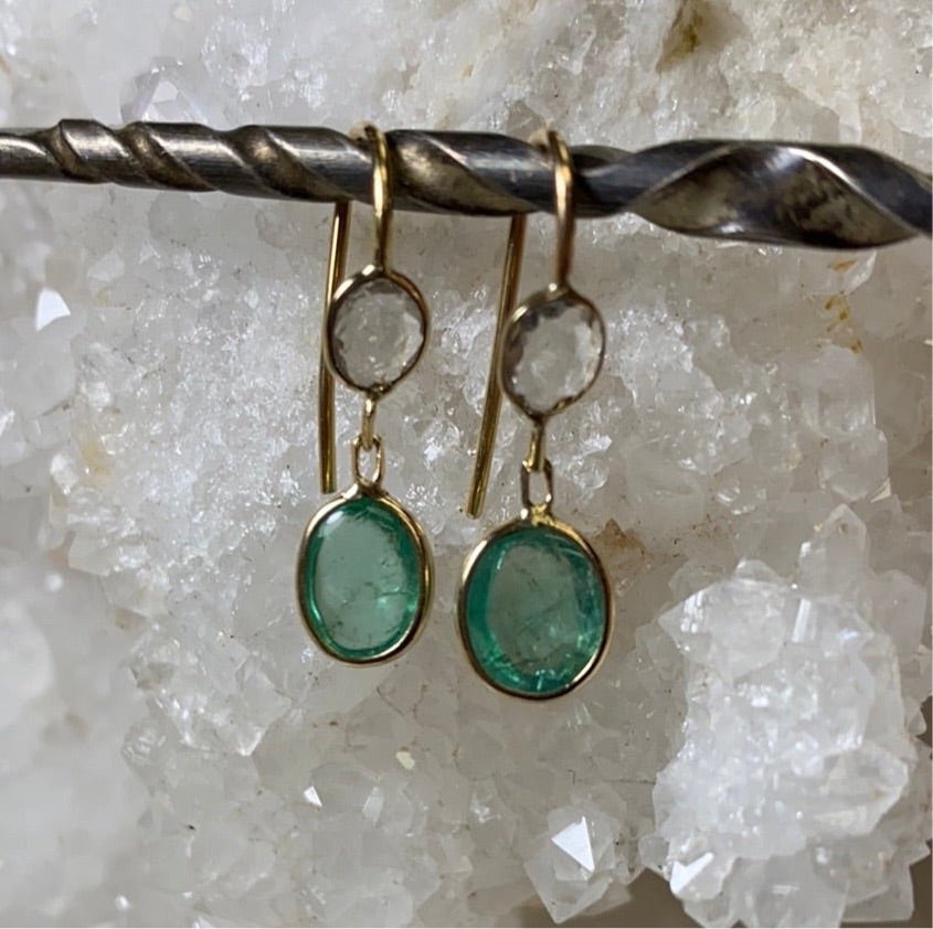Emerald Cabochon and Rose Cut Diamond 14K Yellow Gold Drop Down Earrings
