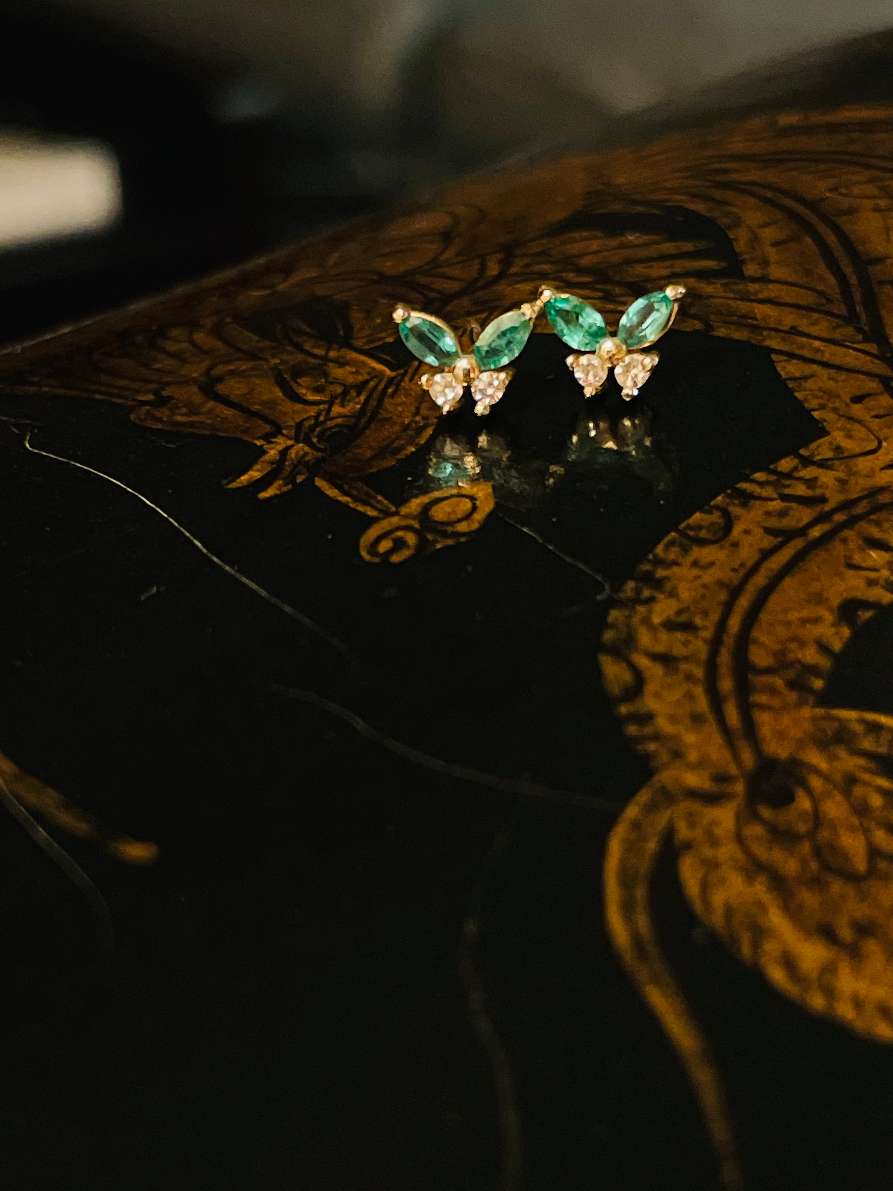 Natural Emerald and Diamond Solid 14K Yellow Gold Butterfly Stud Earrings