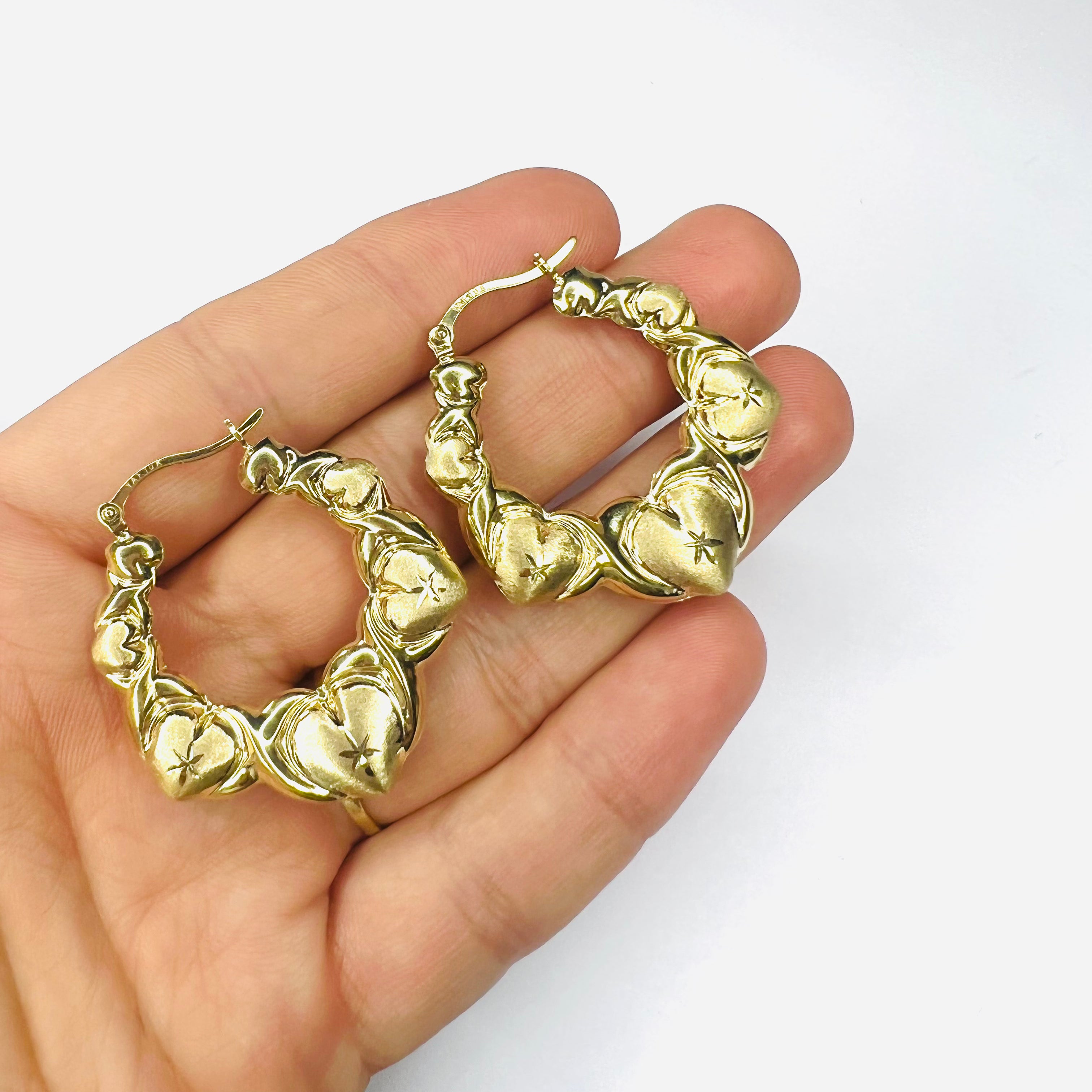 New 10K Solid Yellow Gold Heart Patterned Hoop Earrings 1.75"x1.5"