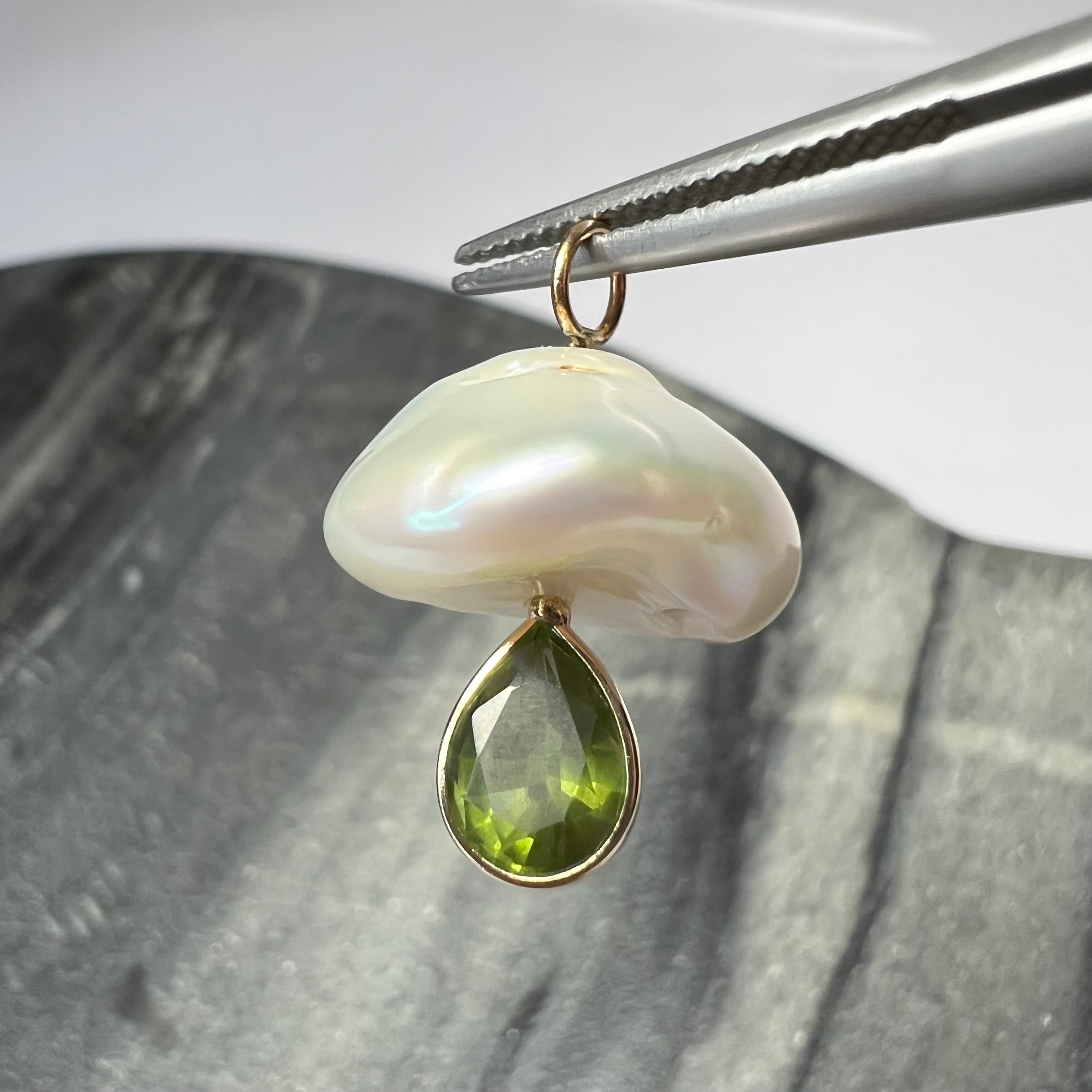 Natural Green Pear Tourmaline and Pearl Mushroom 14K Yellow Gold Pendant Charm 23x16mm