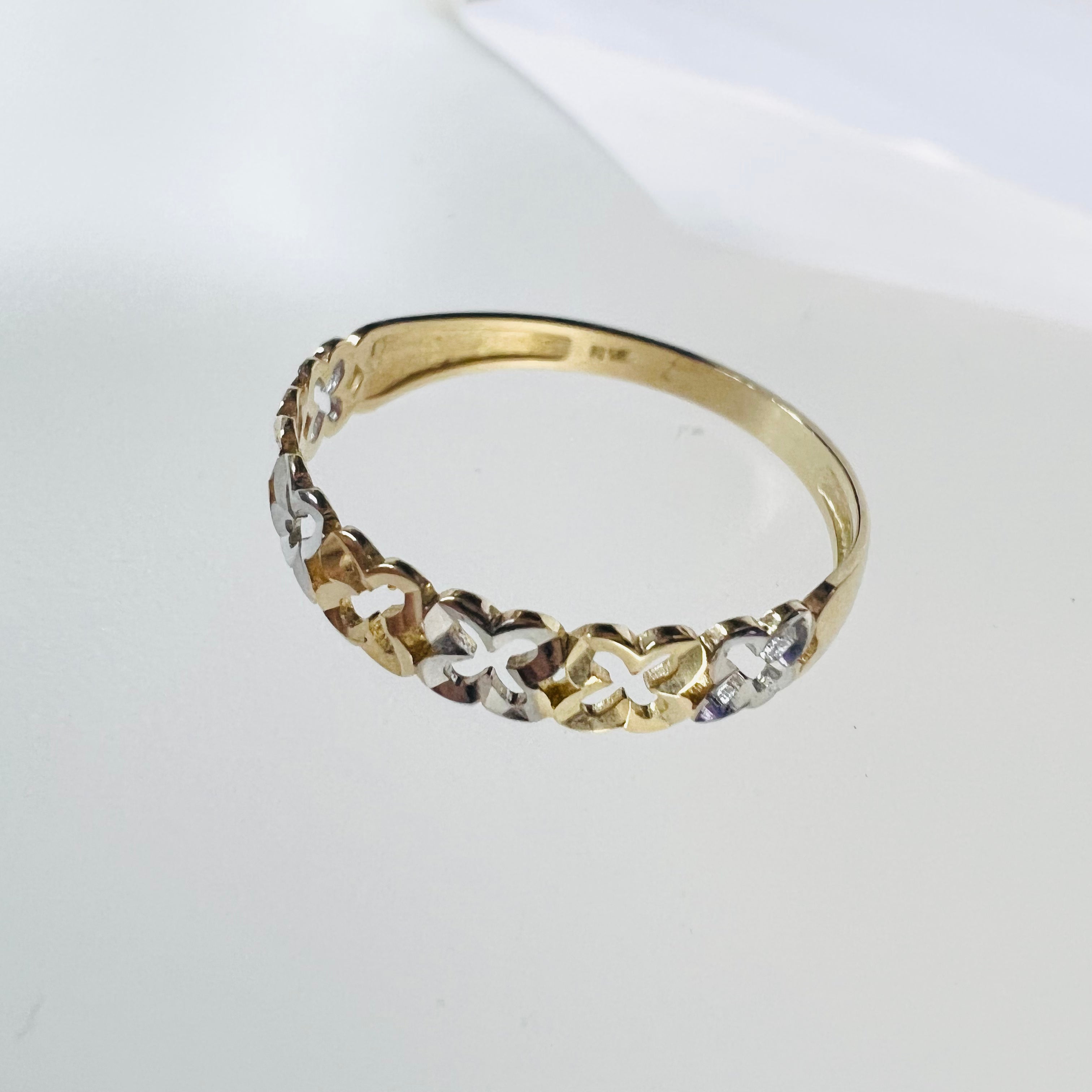 Solid 14K Yellow Gold, Two Tones Stackable Flower Ring Band Size 6.75