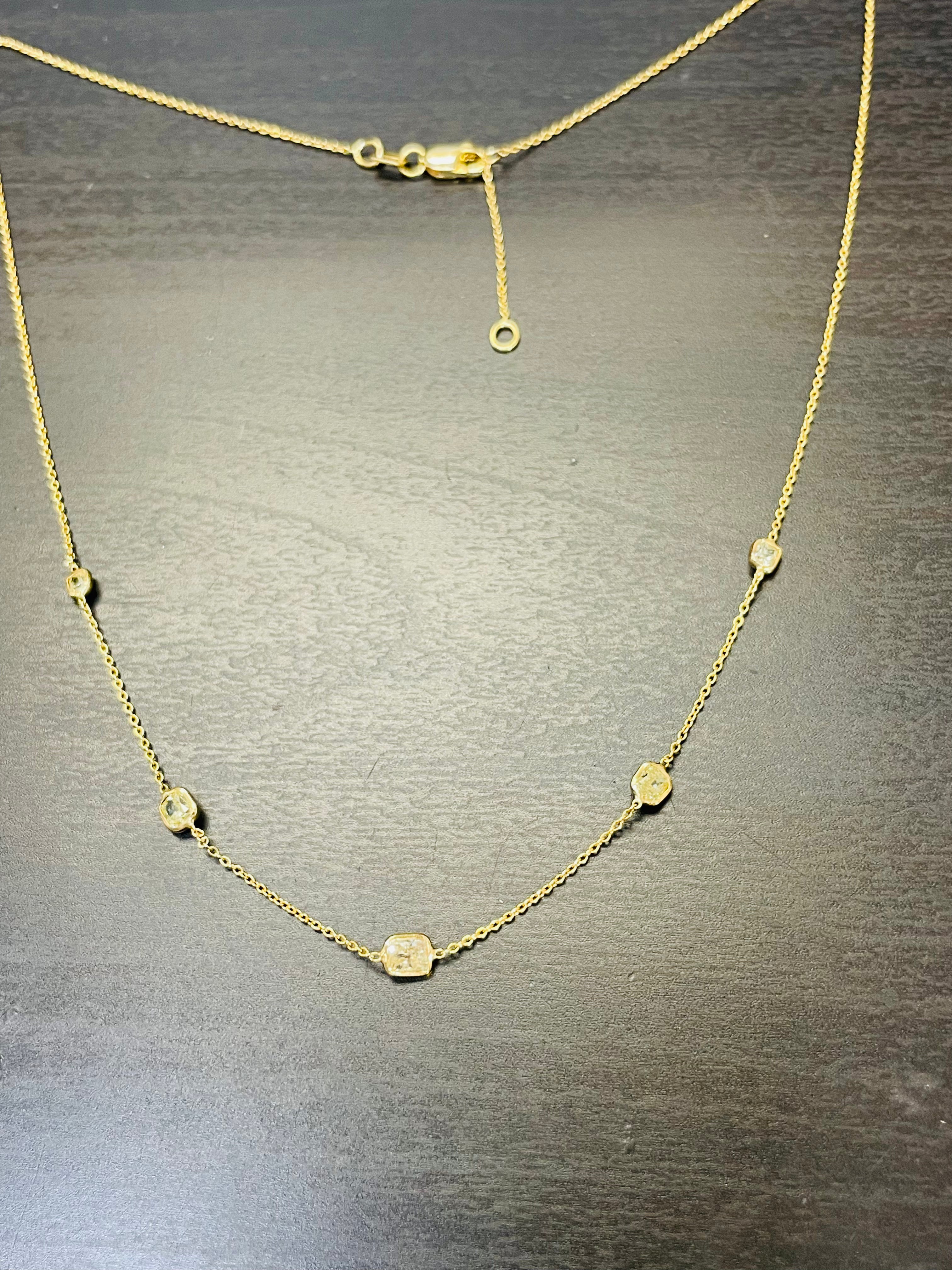 1.1CT Yellow Cushion Cut Diamonds by the Yard 5 Stone 14K Yellow Gold Necklace 16-17”
