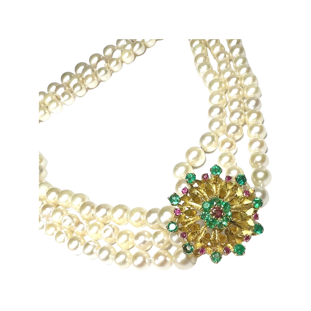 Pearls with Floral Emerald and Ruby 15" 14k Yellow Gold Necklace